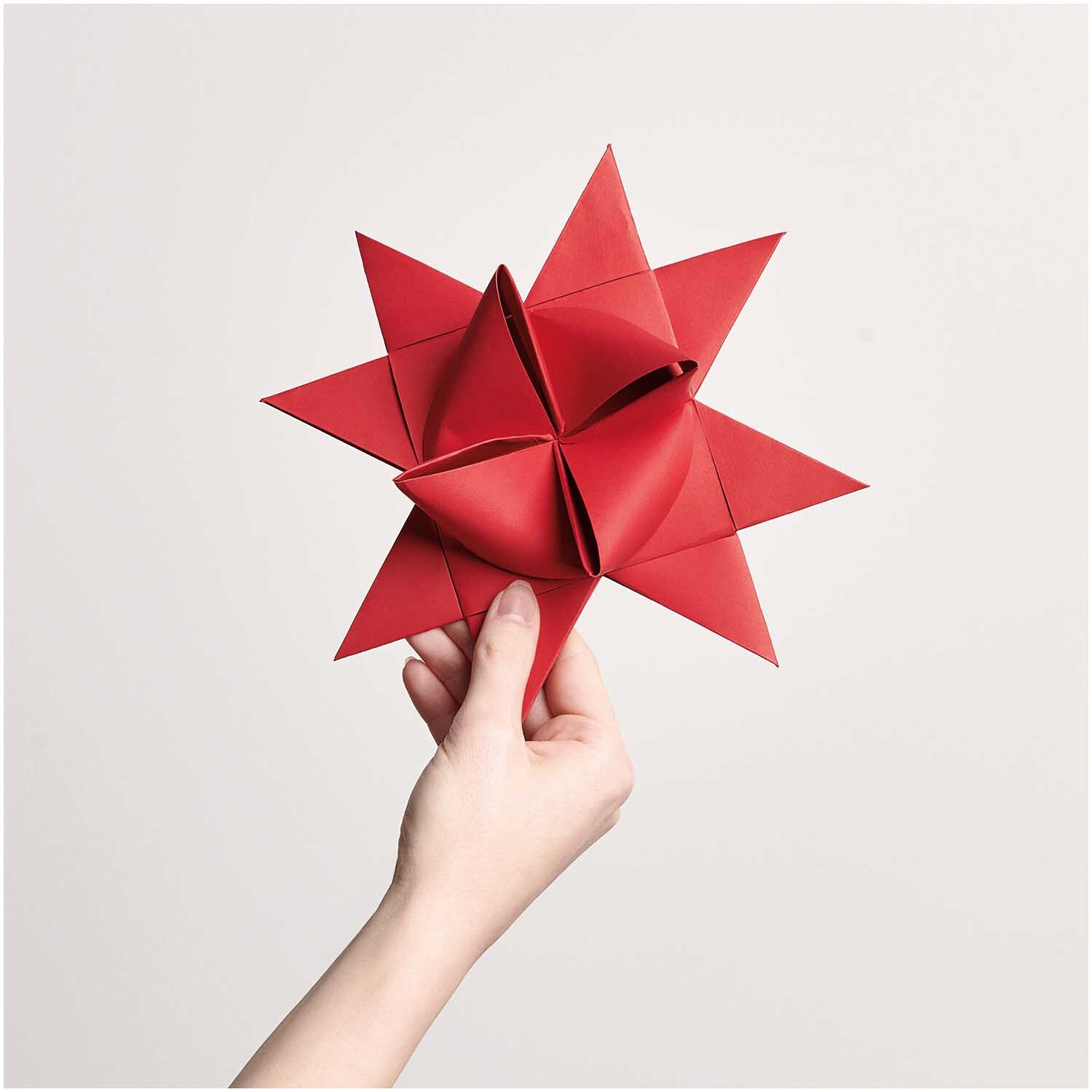 Paper Poetry Fröbelstreifen XXL 180g/m2 20 pièces Couleur Rouge from Rico Design Paper Poetry Fröbelstreifen XXL 180g/m2 20 Stück: Hand hält roten Fröbelstern von Rico Design vor weißem Hintergrund.