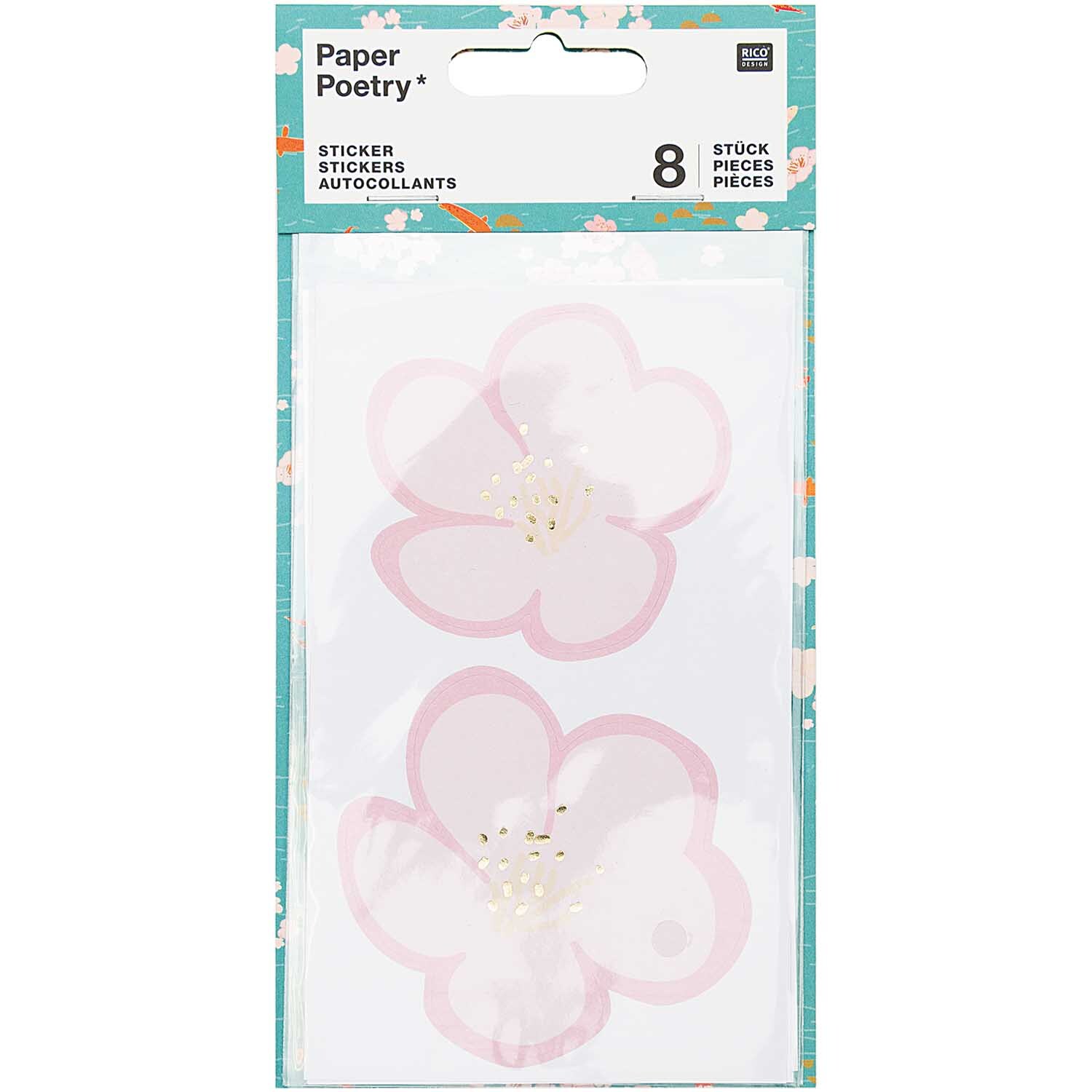 Paper Poetry Sticker Jardin Japonais zeigt zarte Kirschblüten in Rosa und Weiß, 8 Stück von Rico Design. Ideal für kreative Projekte.