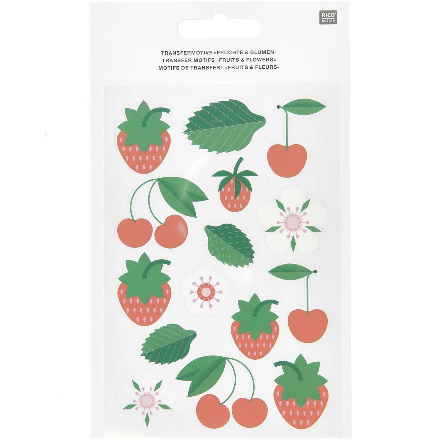 Transfermotiv Früchte & Blumen: Bogen mit 15 Transfermotiven von Rico Design, zeigt Erdbeeren, Kirschen und Blumen in lebendigen Farben.