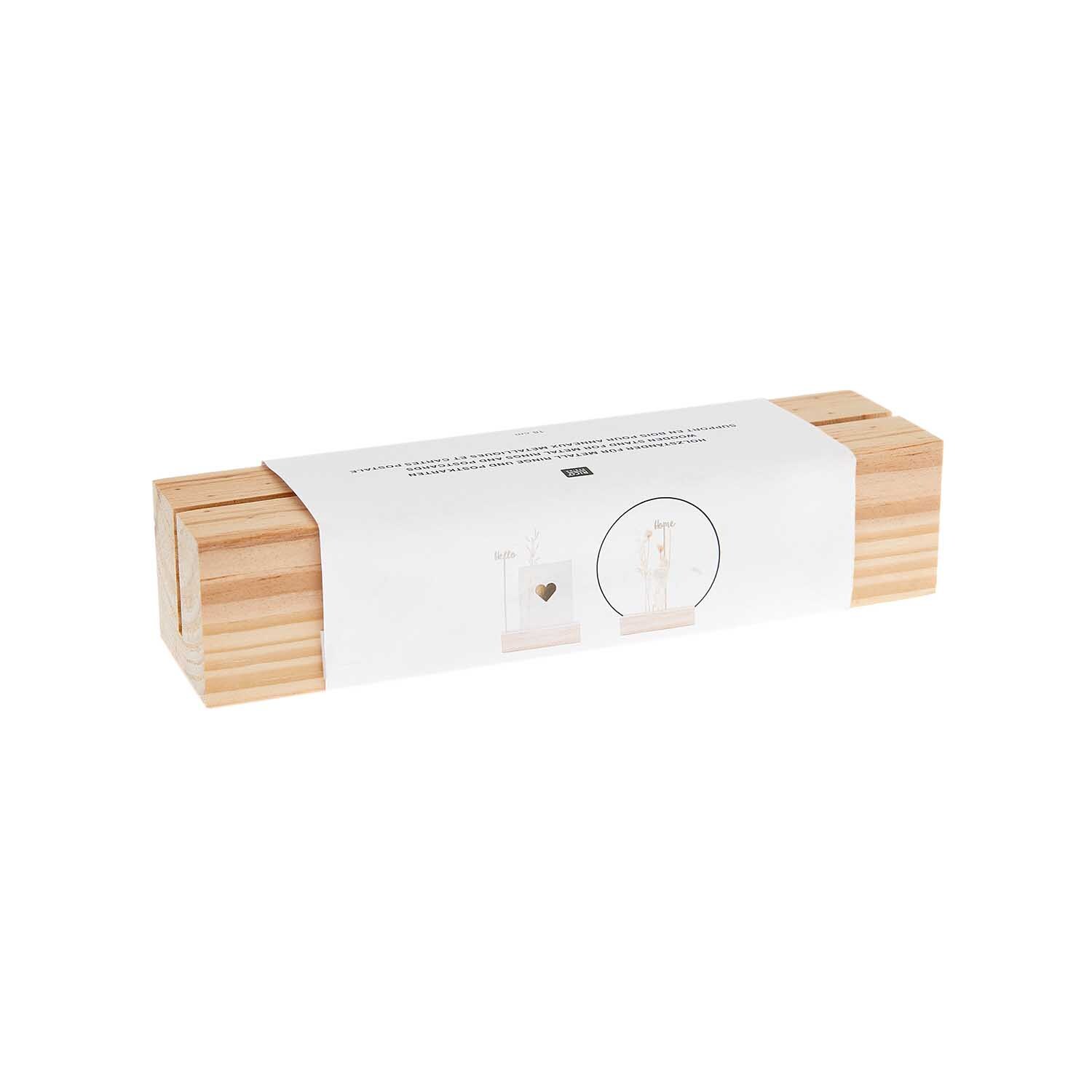 Holzständer für Metallringe von Rico Design, rechteckig, aus natürlichem Holz, verpackt in weißem Papier.