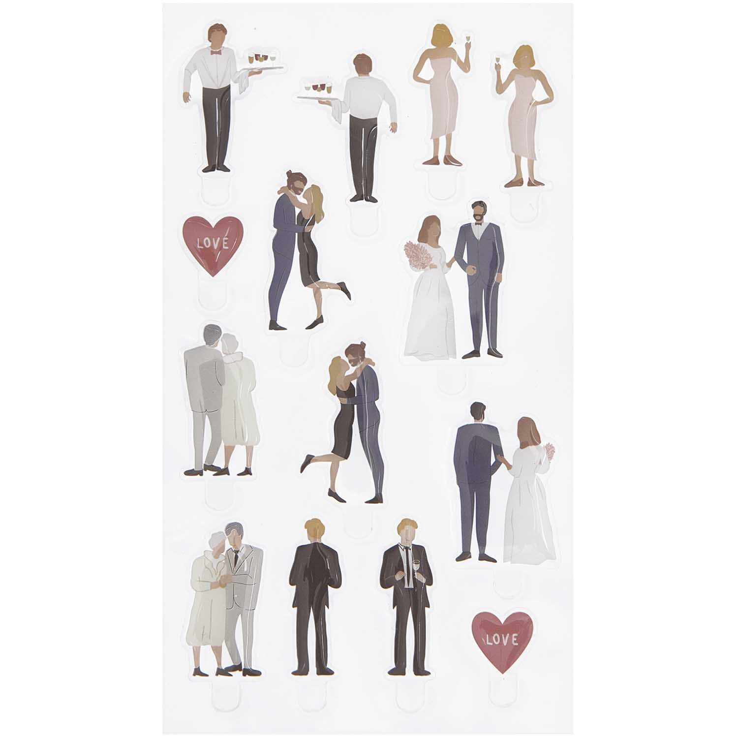 Figurico Gelsticker Hochzeit 1 zeigt Paare in Hochzeitskleidung mit roten Herzmotiven.