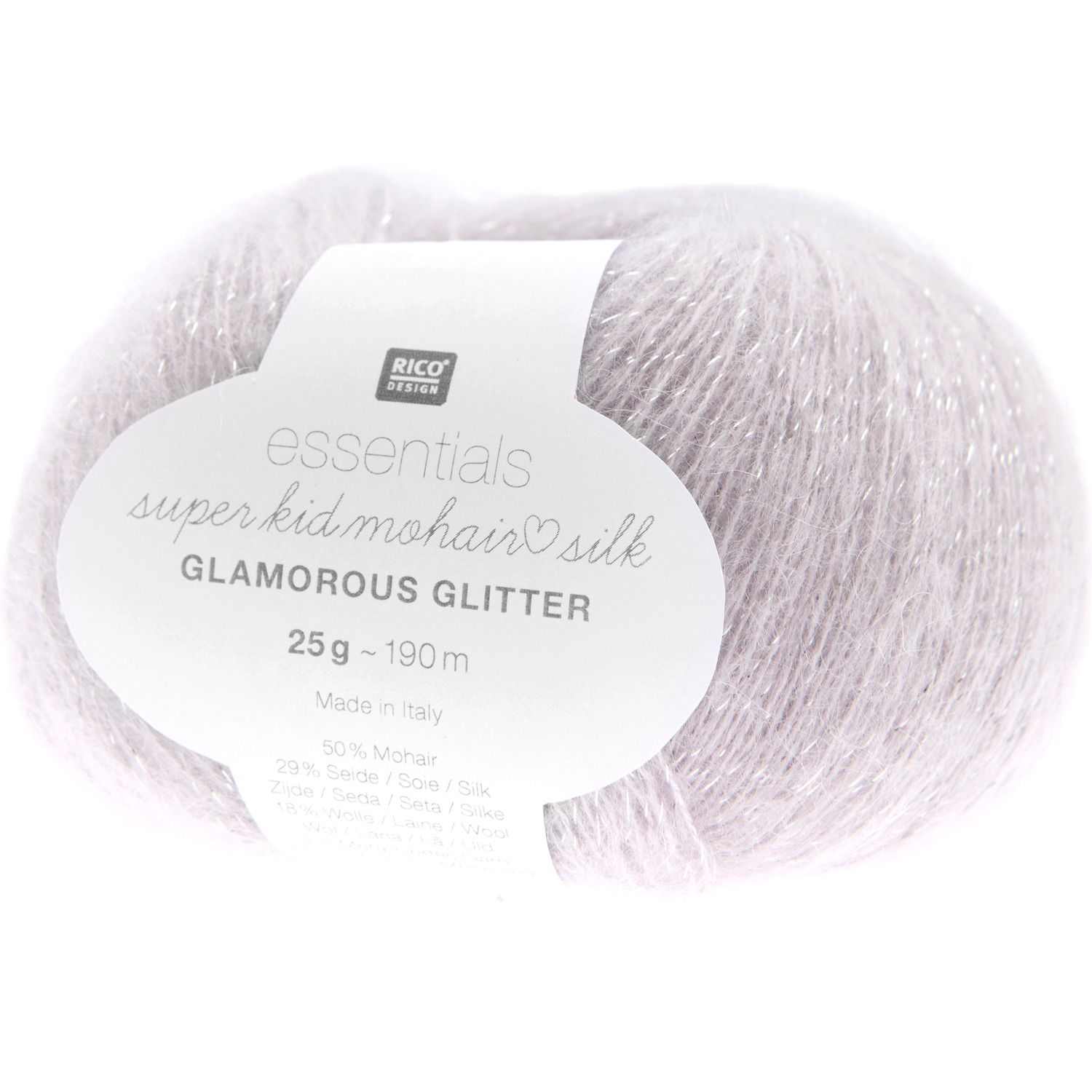 Essentials Super Kid Mohair Loves Silk Glamorous Glitter 25g 190m Couleur Lilas from Rico Design Essentials Super Kid Mohair Loves Silk Glamorous Glitter, fliederfarbenes Garn von Rico Design, 25g, 190m, ideal für elegante Strickprojekte.