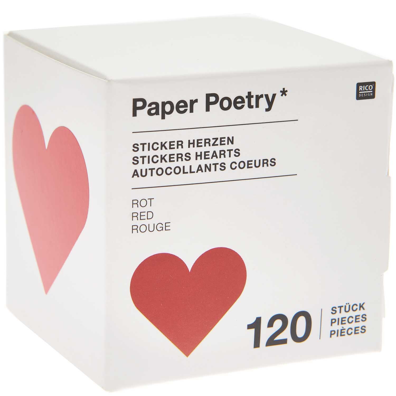 Paper Poetry Sticker Herzen 5cm 120 Stück auf der Rolle Farbe Rot von Rico Design Paper Poetry Sticker Herzen 5cm, 120 Stück auf Rolle. Weiße Box mit rotem Herzmotiv von Rico Design. Ideal für kreative Projekte.