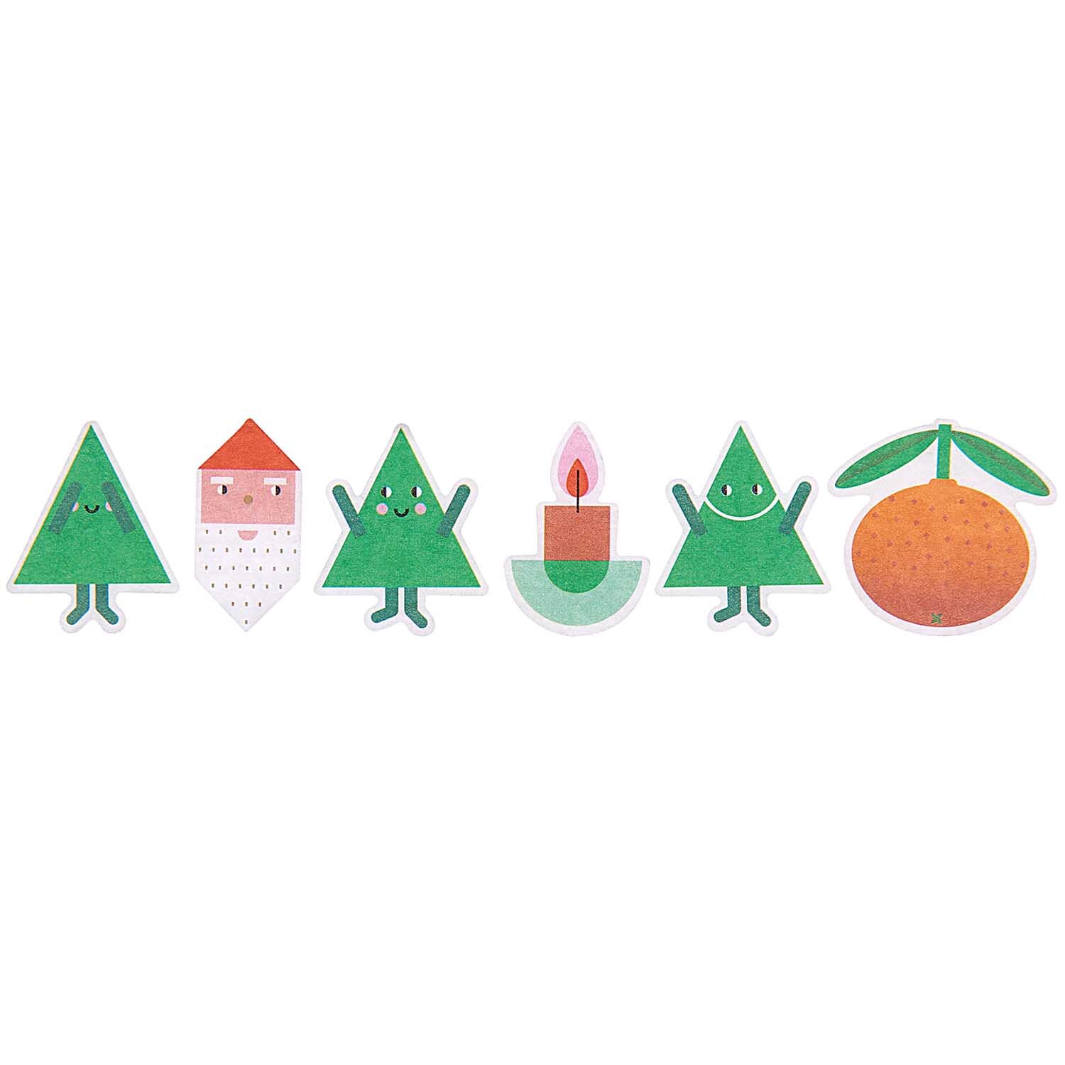Washi Sticker Weihnachtsfiguren 200 Stück von Rico Design Washi Sticker Weihnachtsfiguren 200 Stück von Rico Design zeigen fröhliche Weihnachtsbäume, eine Kerze und eine Orange.