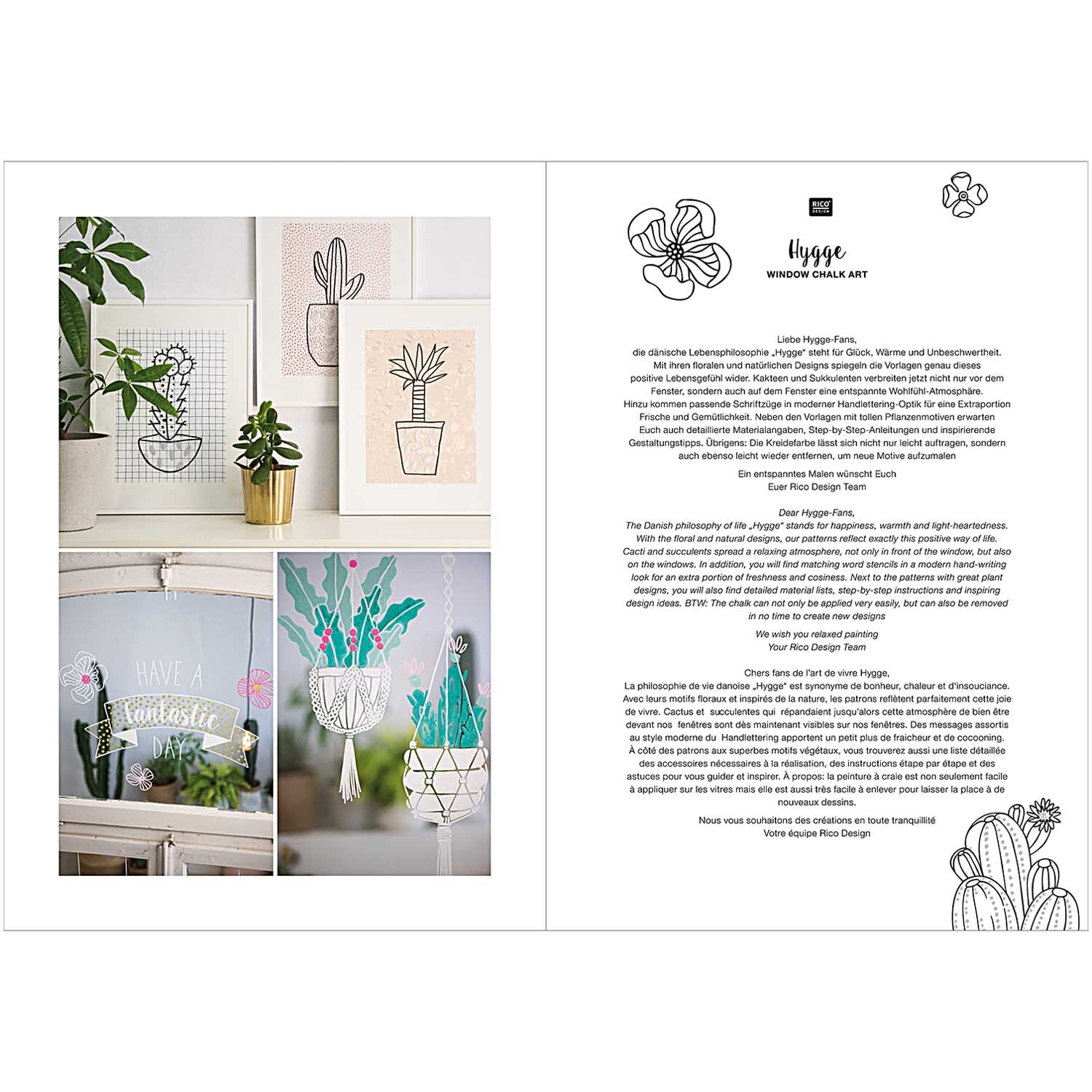 Vorlagenmappe Hygge Fenster- und Glasmalerei mit Kreidestiften von Rico Design Vorlagenmappe Hygge Fenster- und Glasmalerei mit Kreidestiften zeigt kreative Pflanzenmotive auf Glas und Papier, ideal für stilvolle Dekorationen.