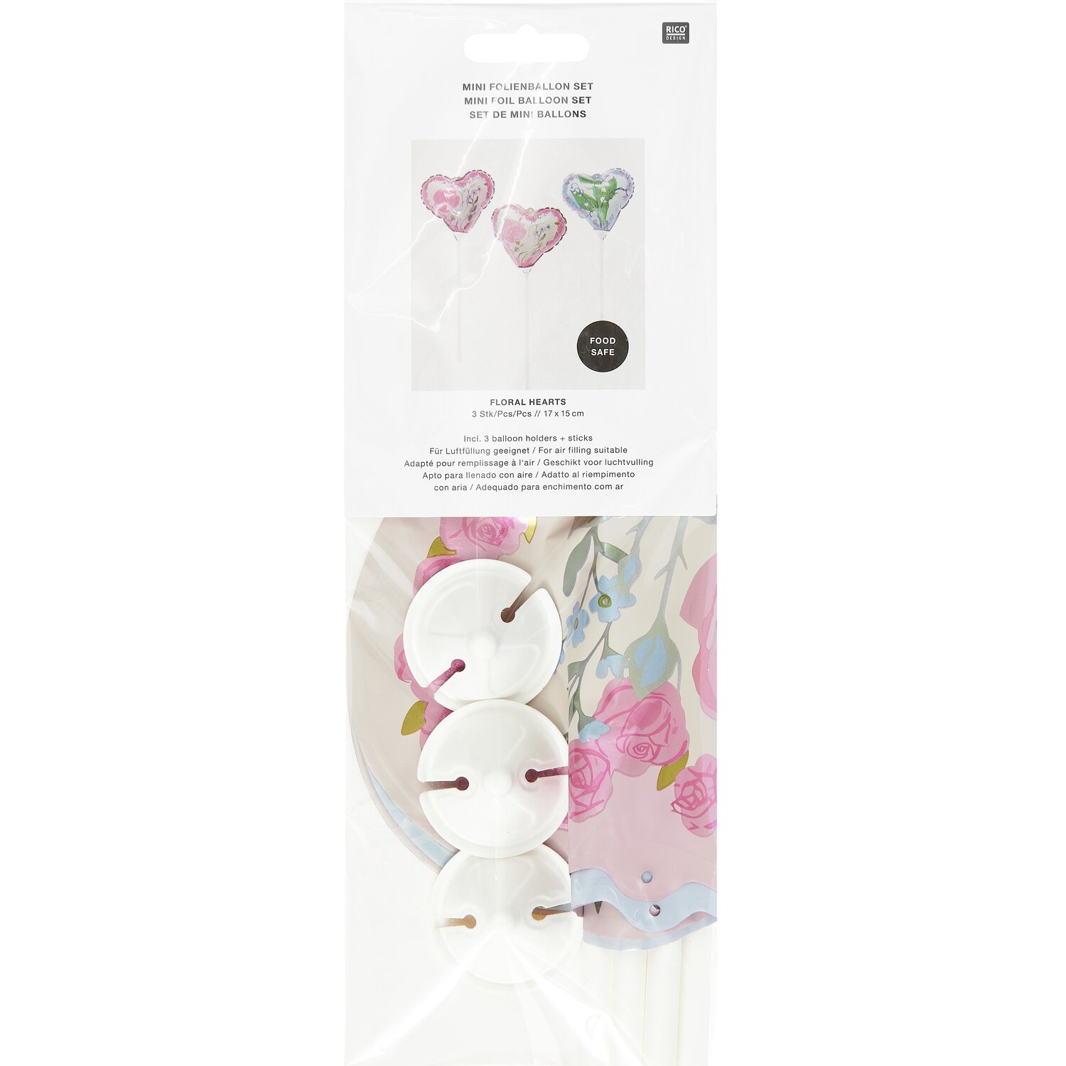 Mini-Folienballon Set Herzen mit Blumen 17x15cm 3 Stück von Rico Design
