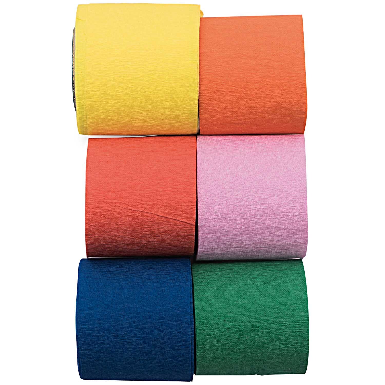 Kreppbänder Mix mehrfarbig 3,5cm 10m 6 Stück von Rico Design. Sechs bunte Kreppbänder in Gelb, Orange, Rot, Rosa, Blau und Grün.