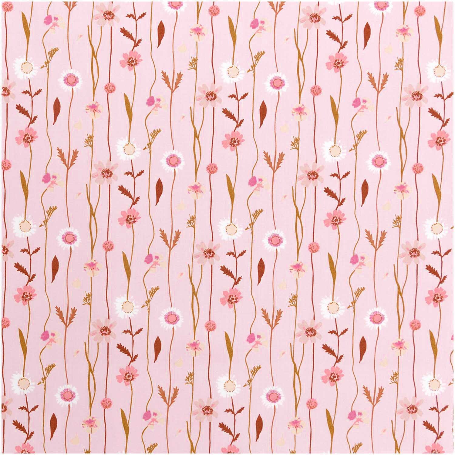 Meterware Druckstoff Wildblumen rosa zeigt ein florales Muster mit zarten Blüten und Blättern auf rosa Hintergrund. Ideal für kreative Nähprojekte.