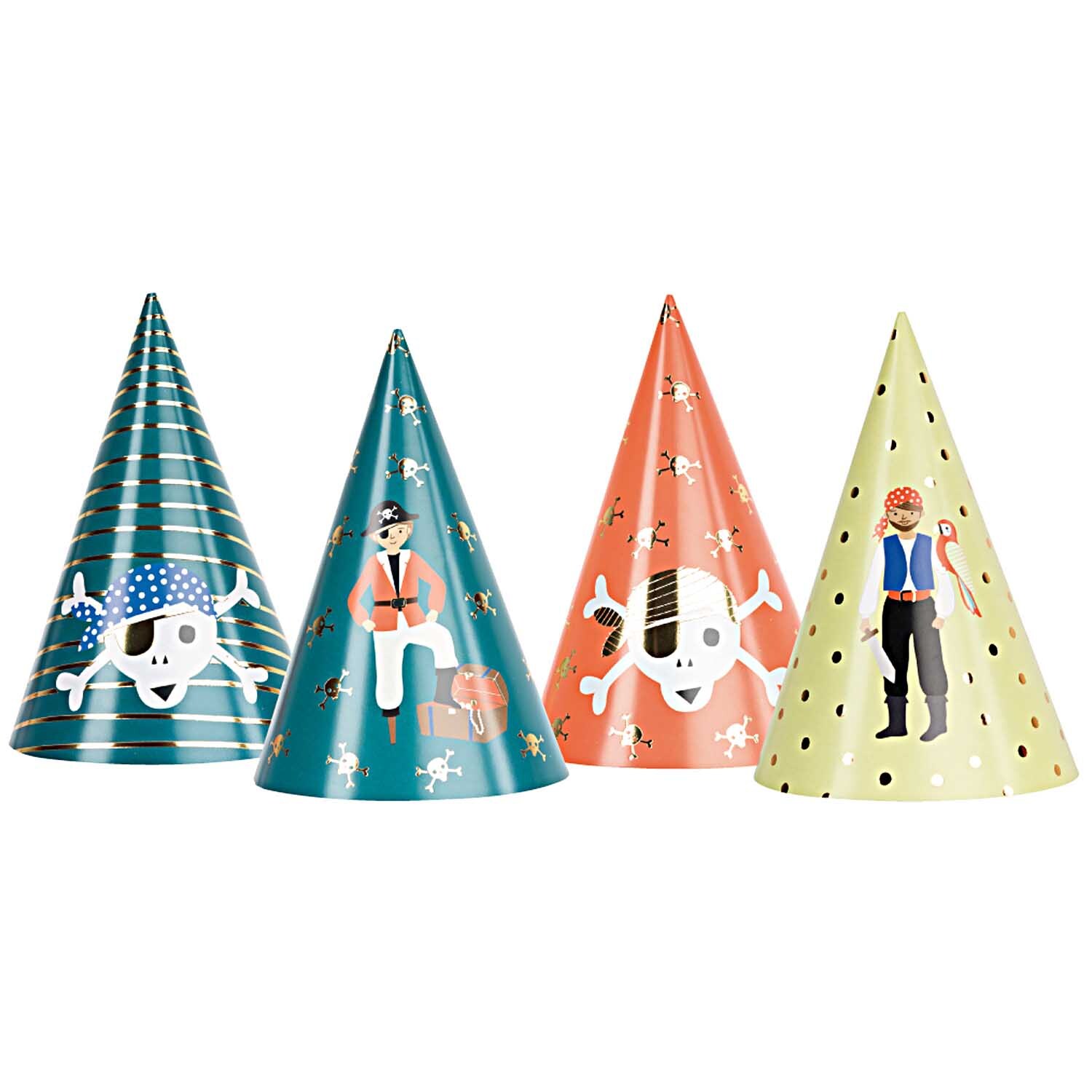 Partyhüte Pirat 20cm 8 Stück: Vier bunte Partyhüte mit Piratenmotiven von Rico Design, ideal für Kindergeburtstage.