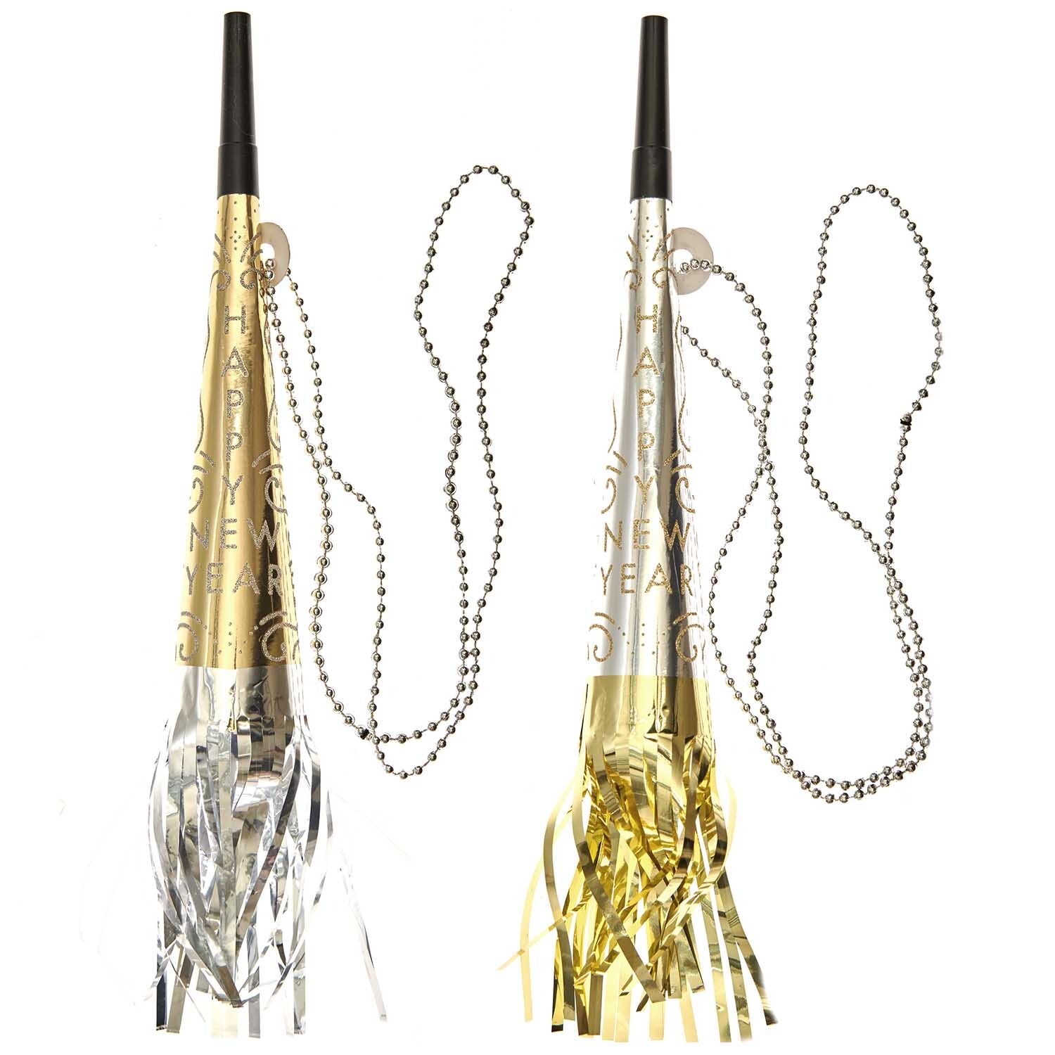 Partytröten mit Halskette 2 Stück: Zwei festliche Tröten in Gold und Silber mit Ketten von Rico Design.