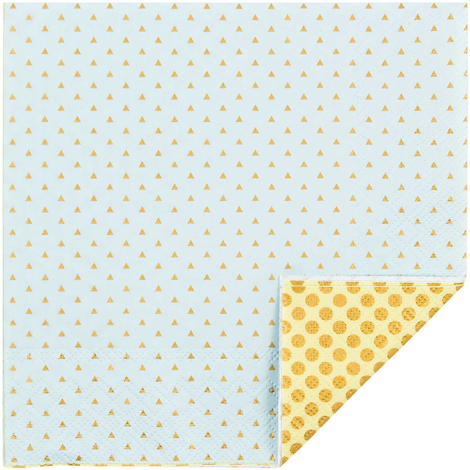 Serviette Konfetti blau 33x33cm 20 Stück mit goldenen Dreiecken und Punkten von Rico Design. Ideal für festliche Anlässe.
