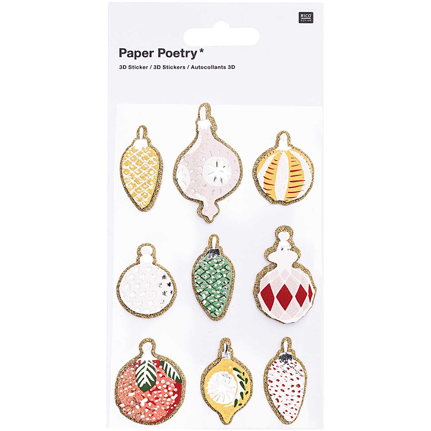 Paper Poetry 3D Sticker Baumschmuck classic zeigt neun festliche, mehrfarbige Ornamente von Rico Design.