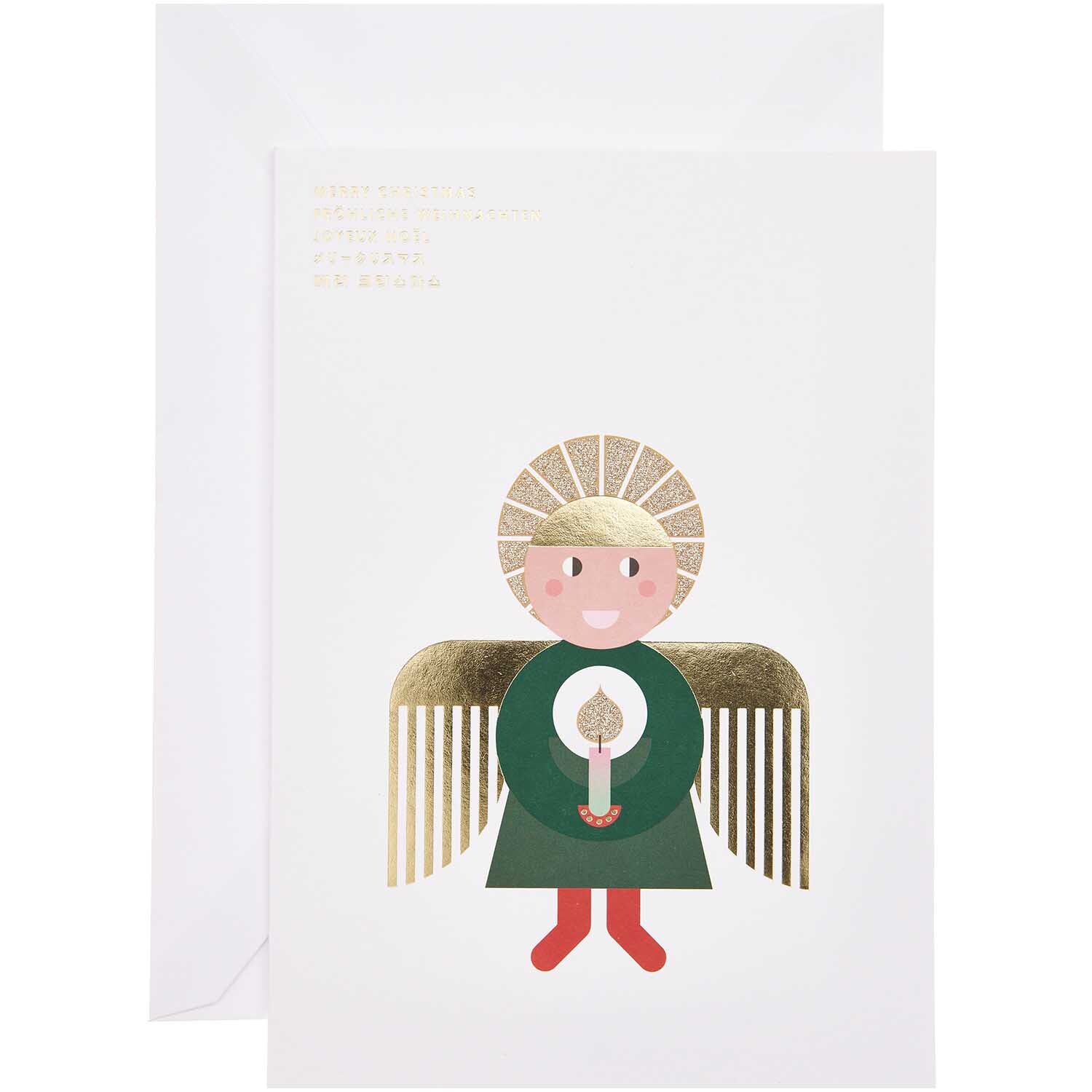 Paper Poetry Kartenset Engel A5 zeigt einen Engel mit goldenen Flügeln und Heiligenschein. 16-teiliges Set von Rico Design.