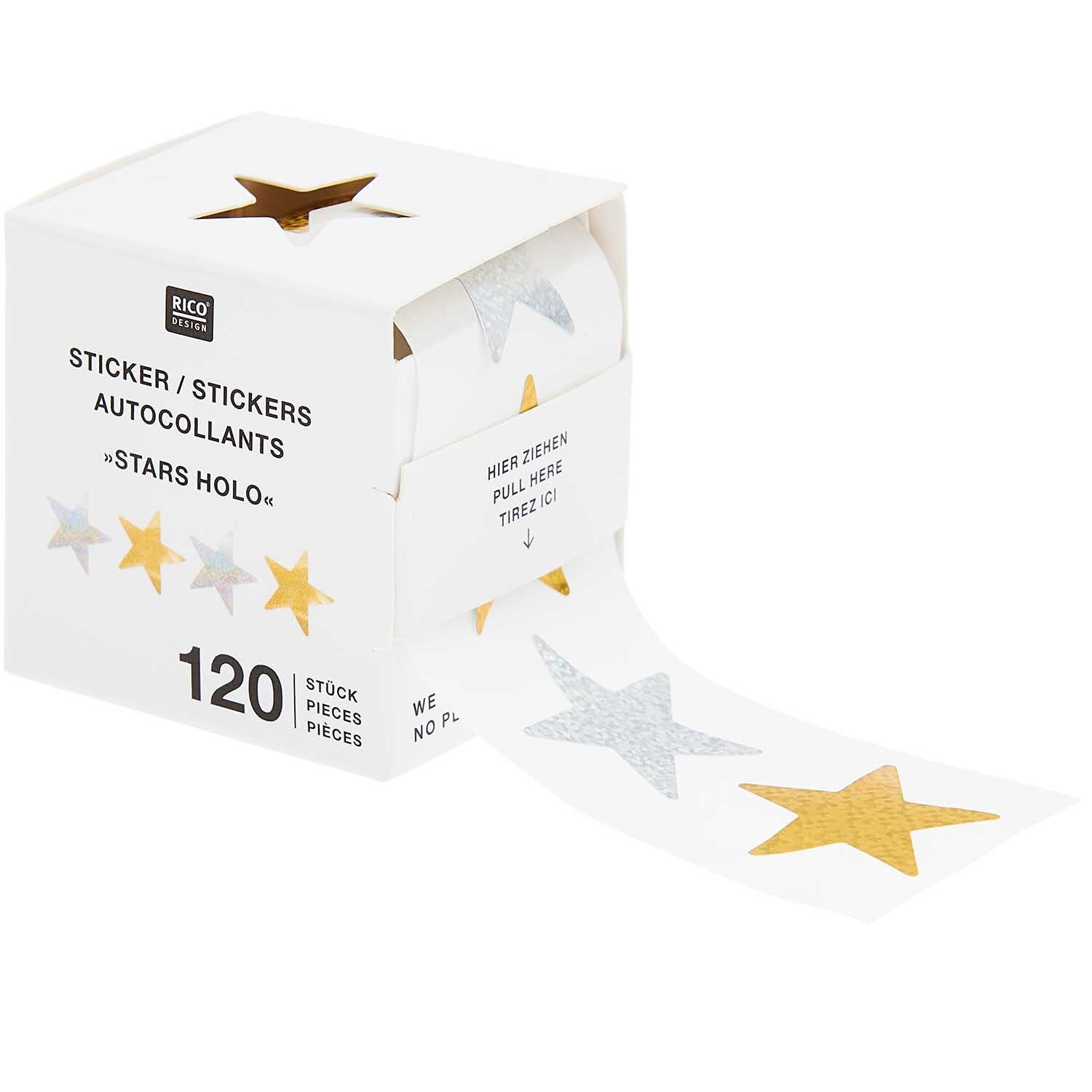 Paper Poetry Mini-Sticker zeigen holografische Sterne in Gold und Silber auf einer Rolle. Enthält 120 Stück von Rico Design.