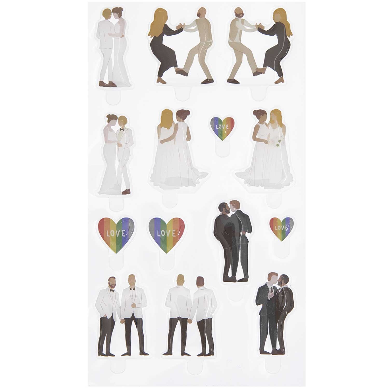 Figurico Gelsticker Hochzeit 2 zeigt diverse Hochzeitspaare und bunte Herzen mit "Love"-Schriftzug.