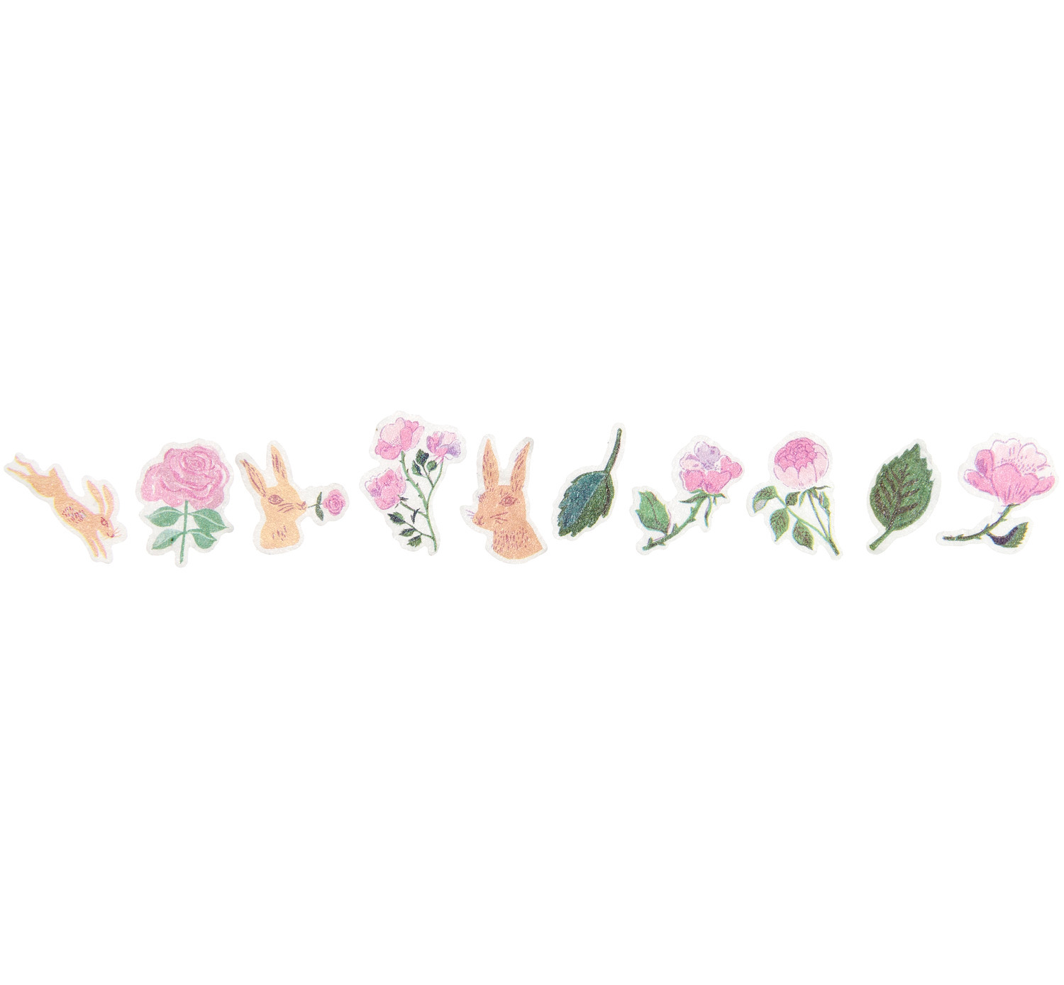 Paper Poetry Washi Sticker La Vie en Rose zeigt rosa Blumen und Hasen auf weißem Hintergrund. Ideal für kreative Projekte.