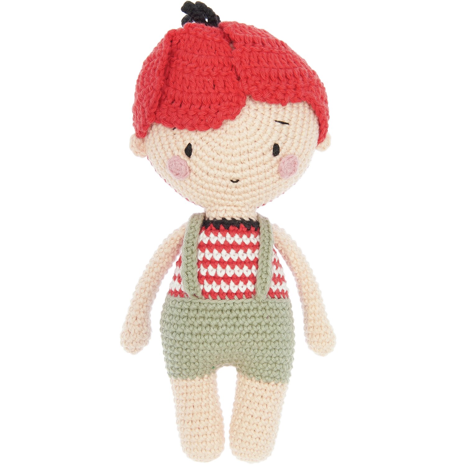 Creative Ricorumi dk 25g Farbe Rot von Rico Design Creative Ricorumi dk: Gehäkelte Puppe mit rotem Haar, gestreiftem Oberteil und grüner Hose. Ideal für DIY-Projekte.