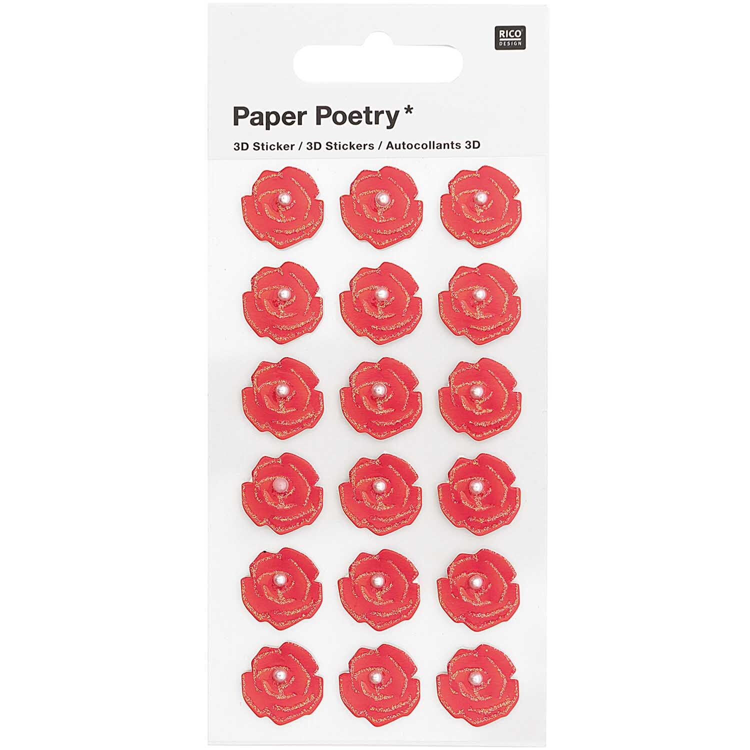 Paper Poetry 3D-Sticker Rosen mit Perle rot 18 Stück: Rote Rosensticker von Rico Design auf weißem Hintergrund, ideal für kreative Projekte.