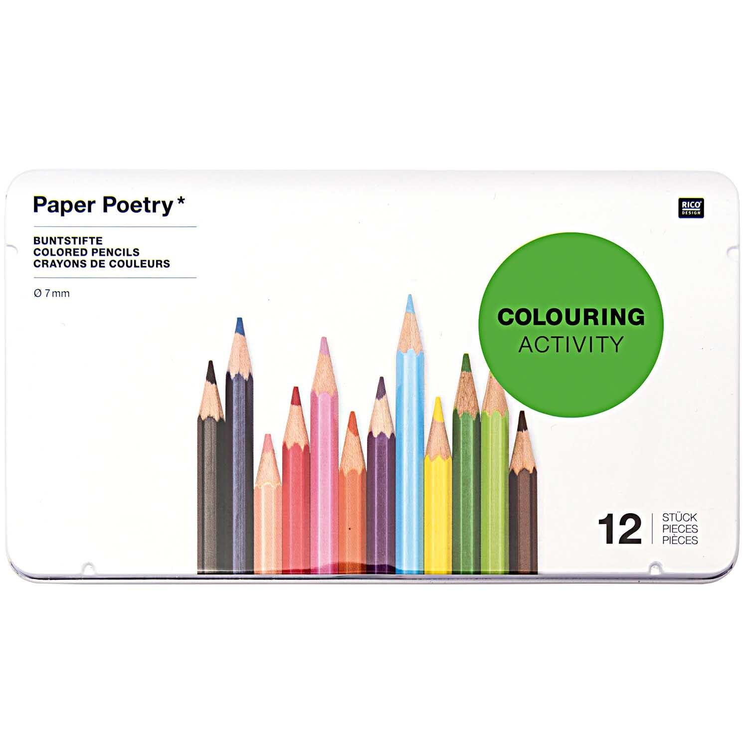 Paper Poetry Buntstifte im Metalletui mit 12 farbenfrohen Stiften von Rico Design, ideal für kreative Projekte.