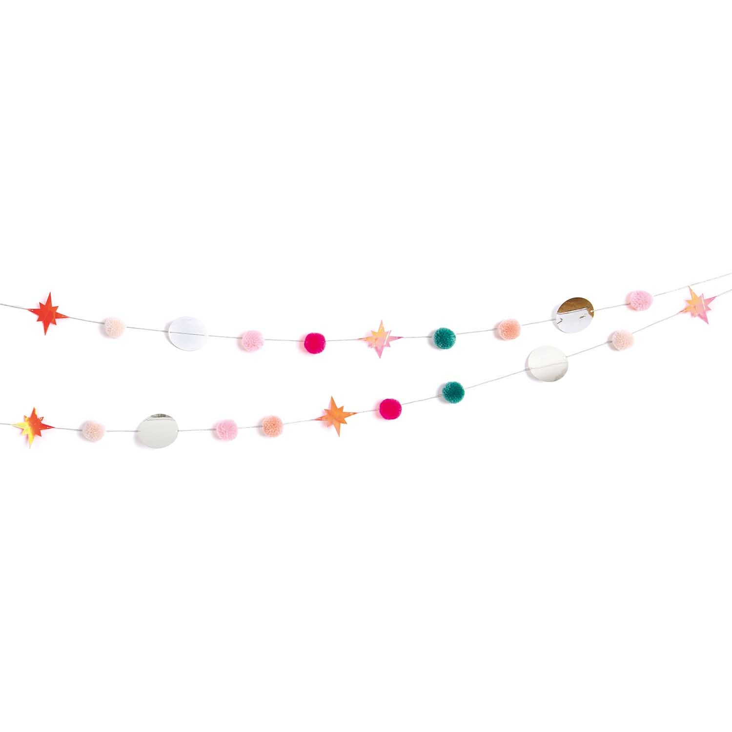 Garnpompon-Girlande pink-pastell 2,2m von Rico Design mit bunten Pompons und Sternen auf weißem Hintergrund.