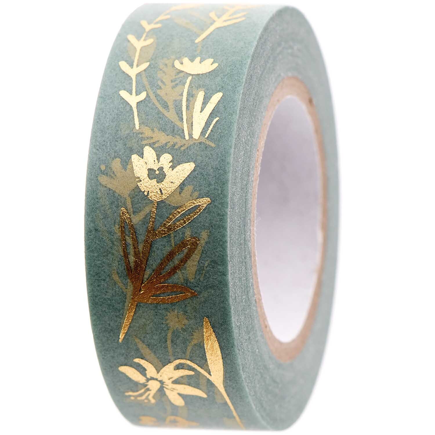Paper Poetry Tape Bunny Hop Streublumen mit goldenen Blumenmotiven auf mintgrünem Hintergrund.