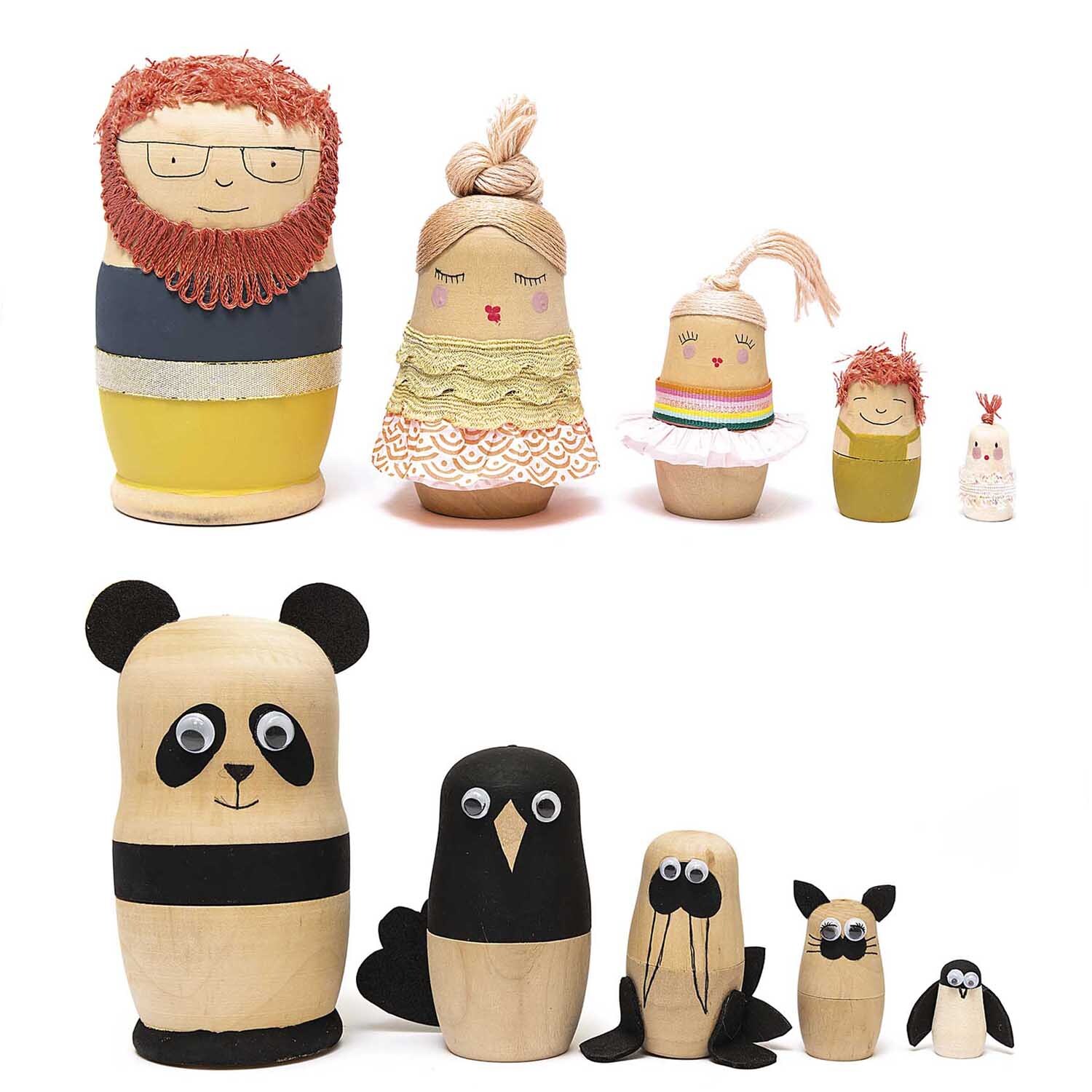 Matroschka Puppenrohlinge 5 Stück von Rico Design Matroschka Puppenrohlinge 5 Stück: Handbemalte Figuren in Braun von Rico Design, darunter Tiere und Menschen.