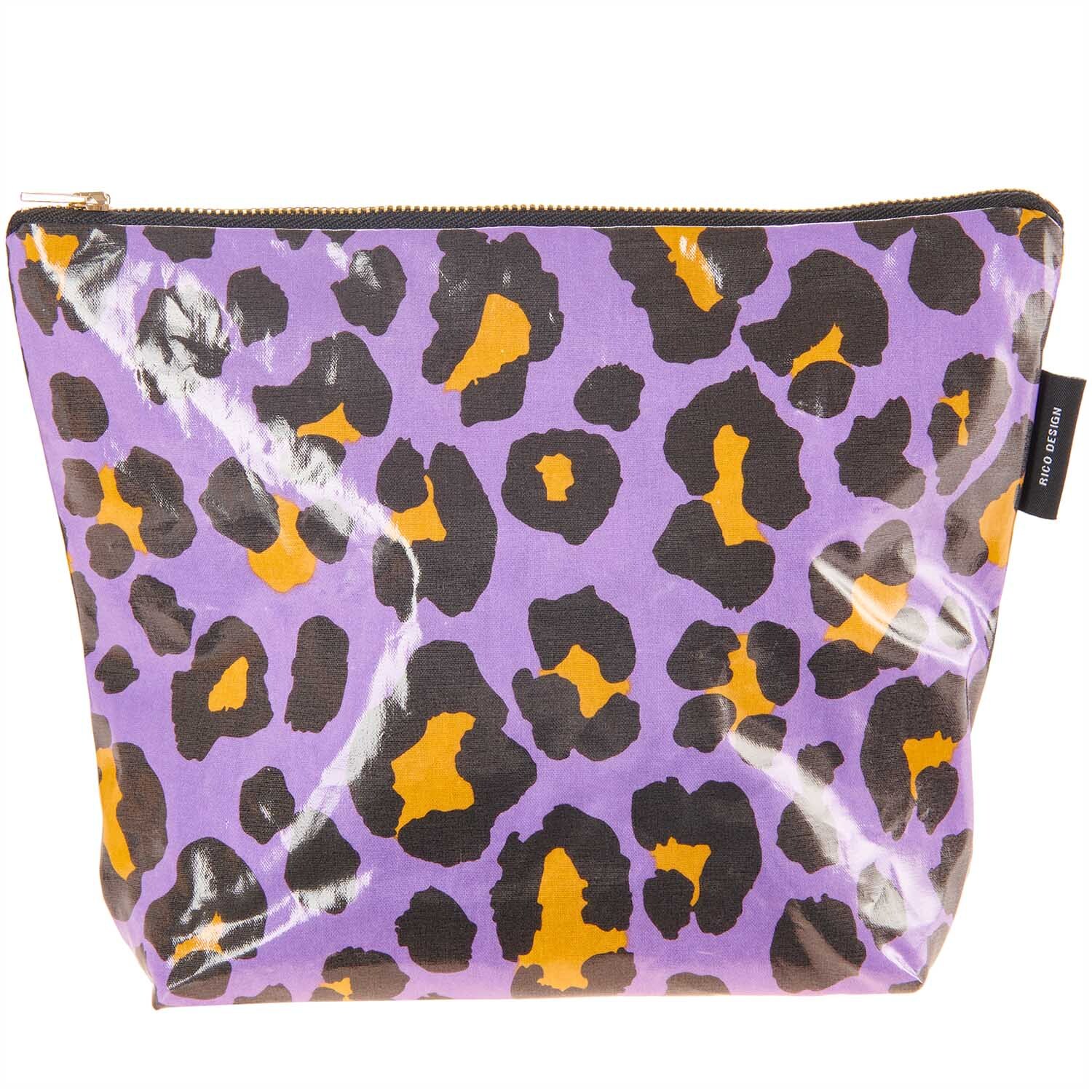 Kosmetiktasche Acid Leo mit Leopardenmuster in Lila und Gelb, 28x21x9cm, von Rico Design.