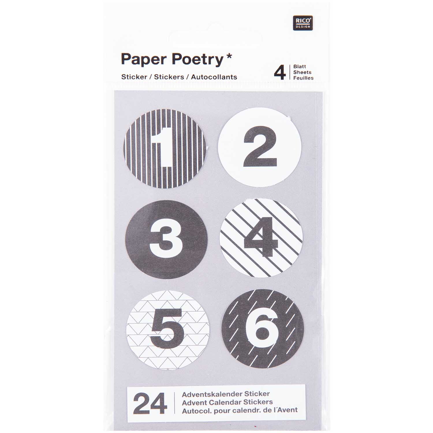 Paper Poetry Adventskalender Sticker mit Zahlen 1-6 in Schwarz-Weiß von Rico Design, ideal für kreative Kalenderprojekte.