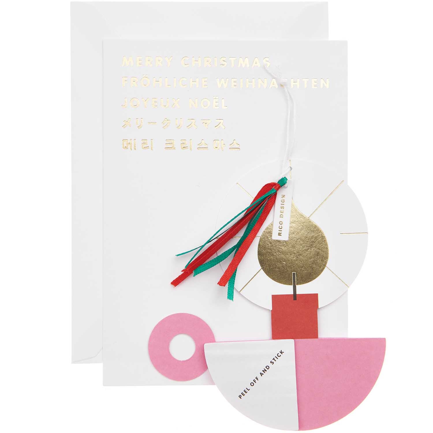Paper Poetry Kartenset mit Pop-Up Anhänger Kerze B6 zeigt eine elegante Weihnachtskarte mit mehrsprachigem Gruß und farbenfrohem Anhänger von Rico Design.