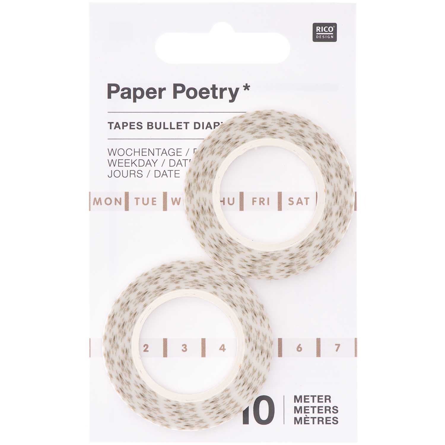 Paper Poetry Tapes Wochentage & Datum weiß-gold 5mm 10m 2 Stück von Rico Design Paper Poetry Tapes in Weiß-Gold mit Wochentagen und Datum, 5mm x 10m, 2 Stück von Rico Design. Ideal für Bullet Journals.
