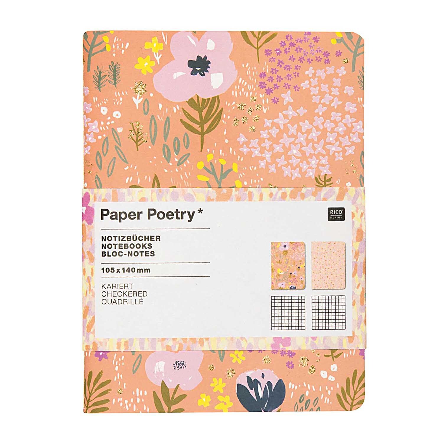 Paper Poetry Notizbücher mit floralem Muster in A6, 40 Seiten, 2 Stück, von Rico Design.