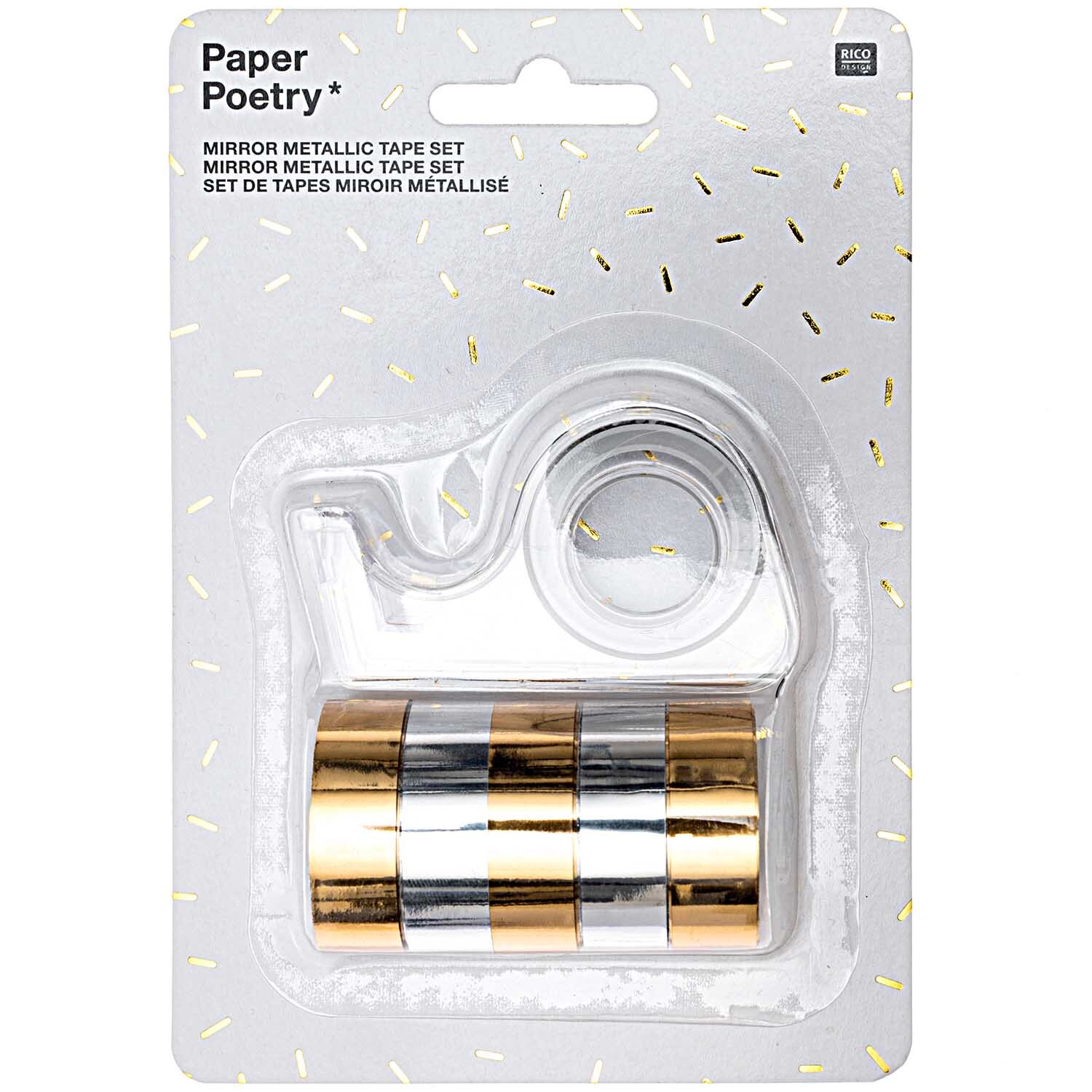 Paper Poetry Mirror Metallic Tape Set, 6-teilig, gold-silber, ideal für kreative Bastelprojekte. Enthält dekorative Klebebänder von Rico Design.