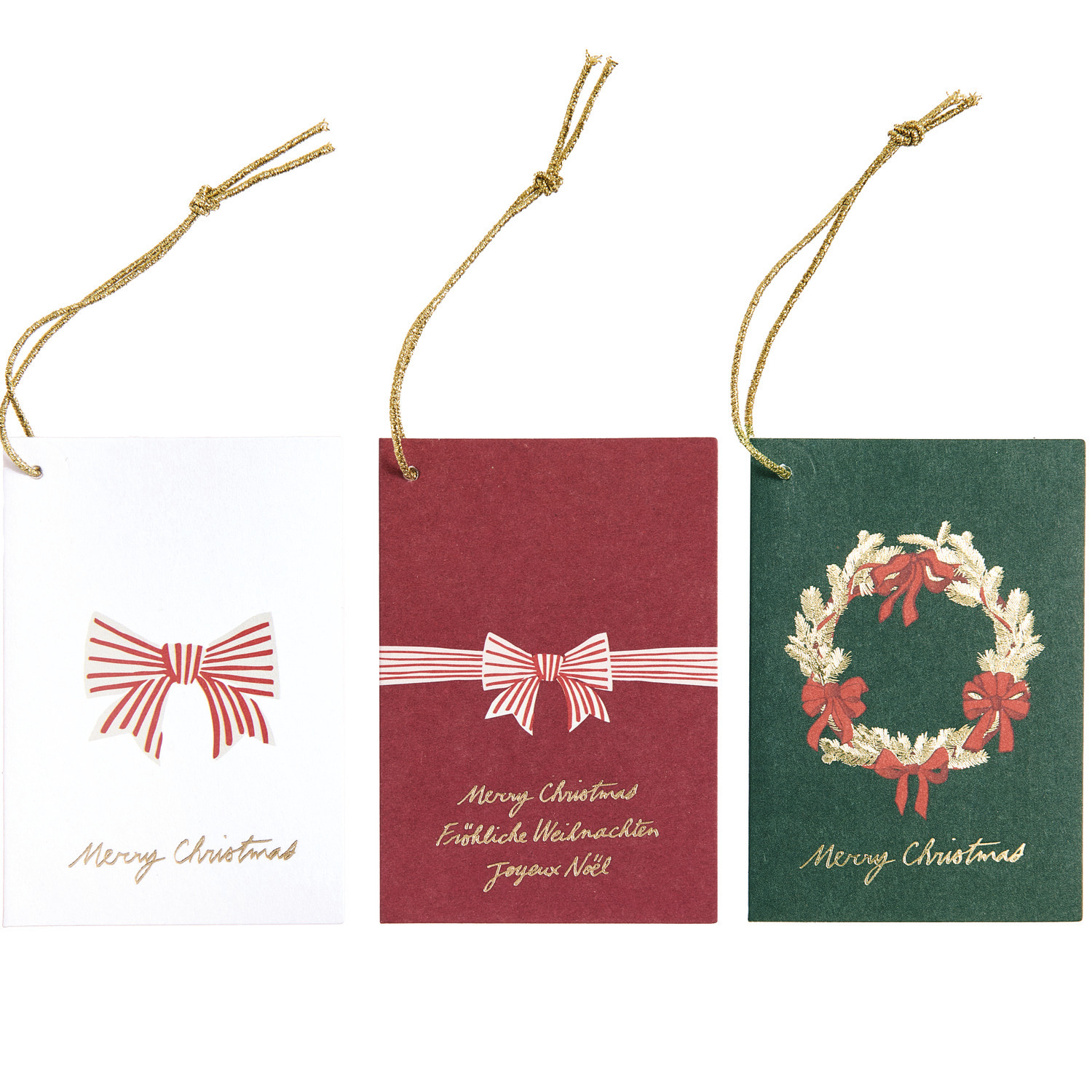 Paper Poetry Kärtchenanhänger Classic: Festliche Anhänger in Weiß, Rot und Grün mit Schleifen und Kranzmotiv, ideal für Weihnachtsgeschenke.