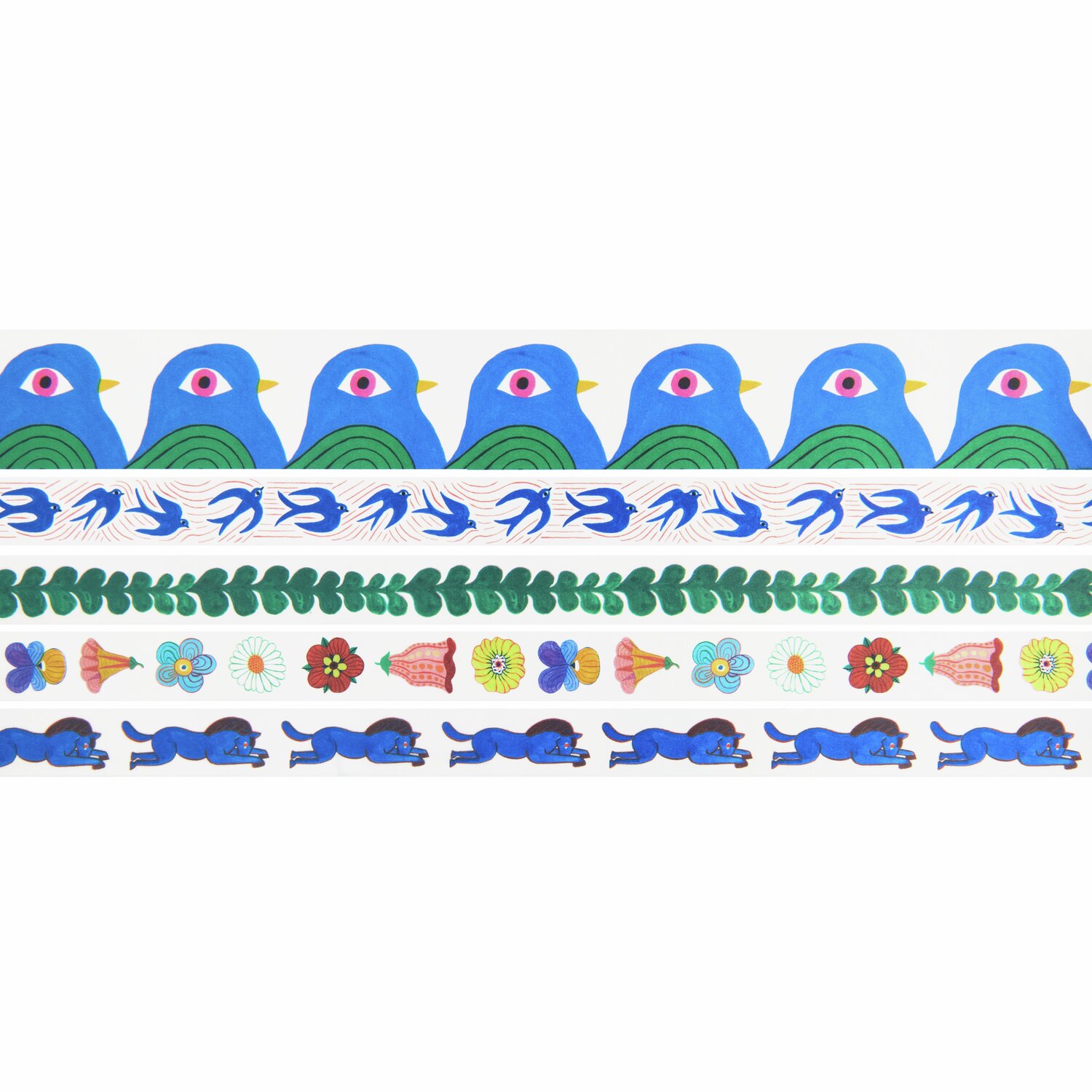 Tape Set Midsommar Magic 5teilig von Rico Design Tape Set Midsommar Magic: Fünf dekorative Klebebänder mit bunten Vogel- und Blumenmustern von Rico Design.