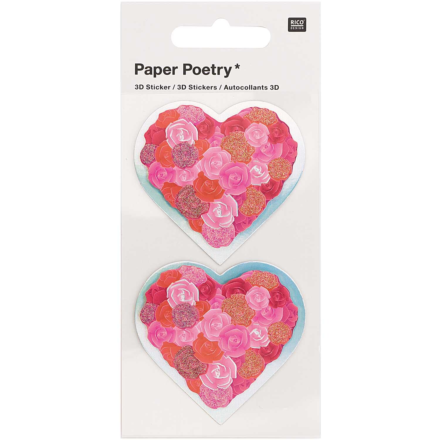 Paper Poetry 3D-Sticker in Herzform mit roten und rosa Rosen von Rico Design, 2 Stück auf weißem Hintergrund.