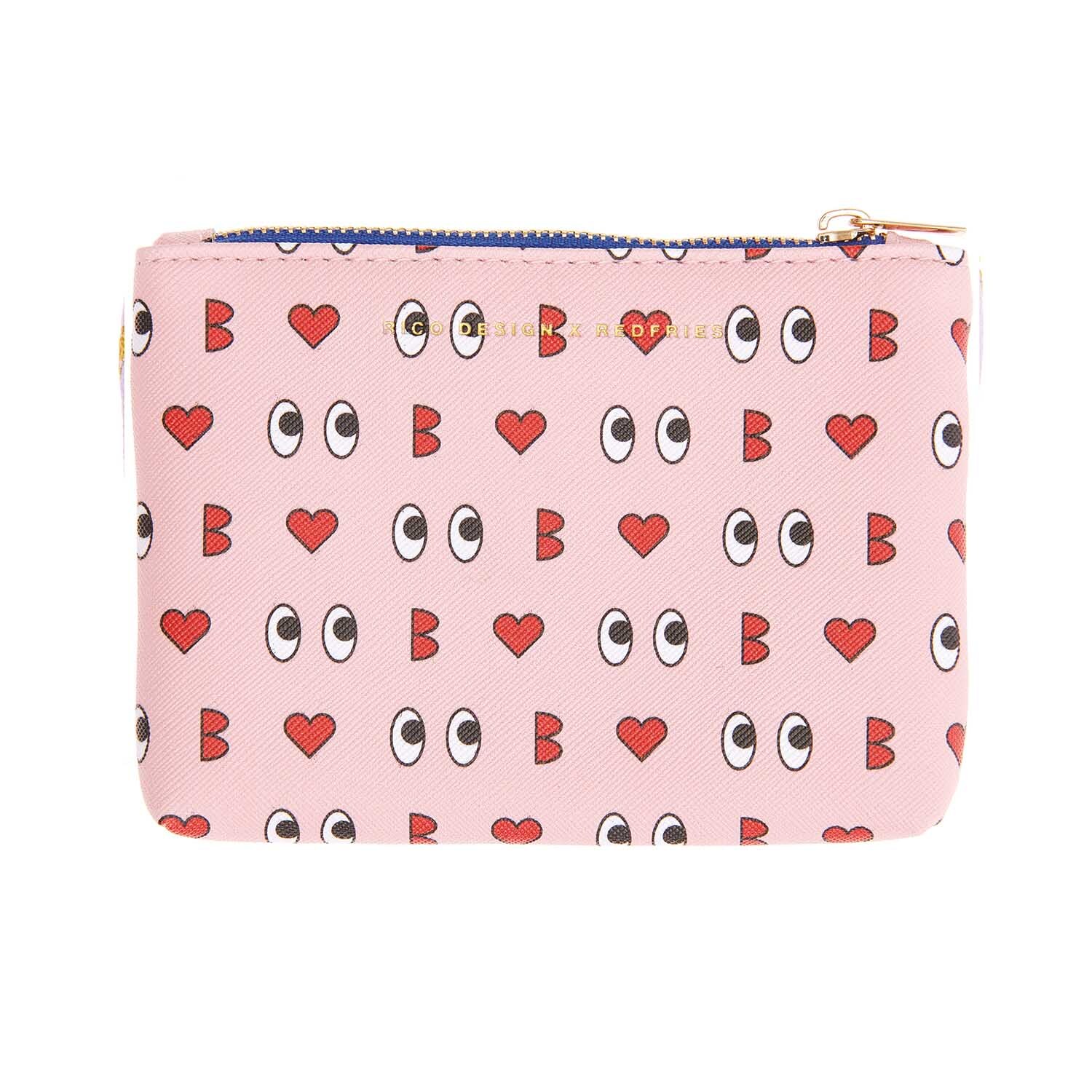 Rico Design x Redfries Etui Liebe 10x14cm mit rosa Hintergrund, Herzen und Augenmuster. Ideal für stilvolle Aufbewahrung.