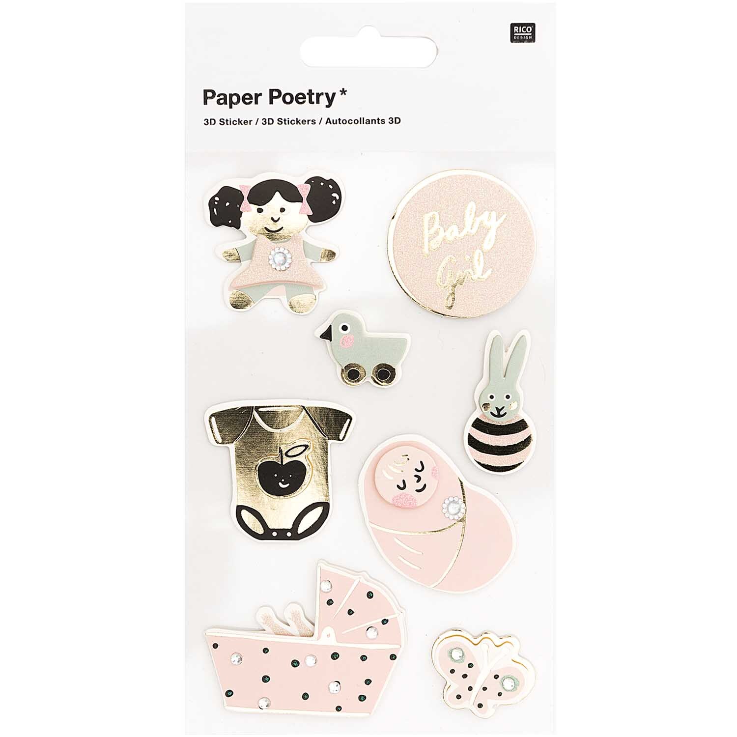 Paper Poetry 3D-Sticker Baby Mädchen, 8 Stück, mit niedlichen rosa Motiven wie Baby, Kinderwagen und Spielzeug. Ideal für kreative Projekte.