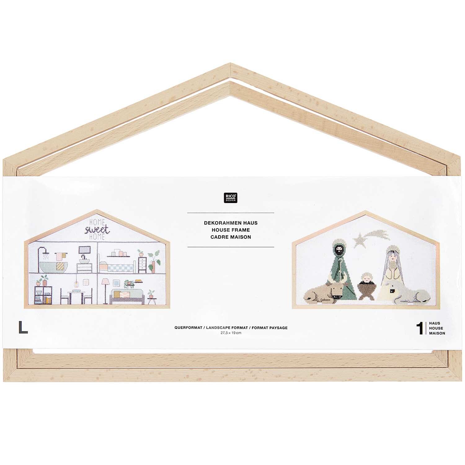 Cadre décoratif Maison format paysage Taille 27,5x19cm from Rico Design Dekorahmen Haus Querformat von Rico Design zeigt zwei Illustrationen in einem holzfarbenen Rahmen. Ideal für kreative Wohnraumgestaltung.