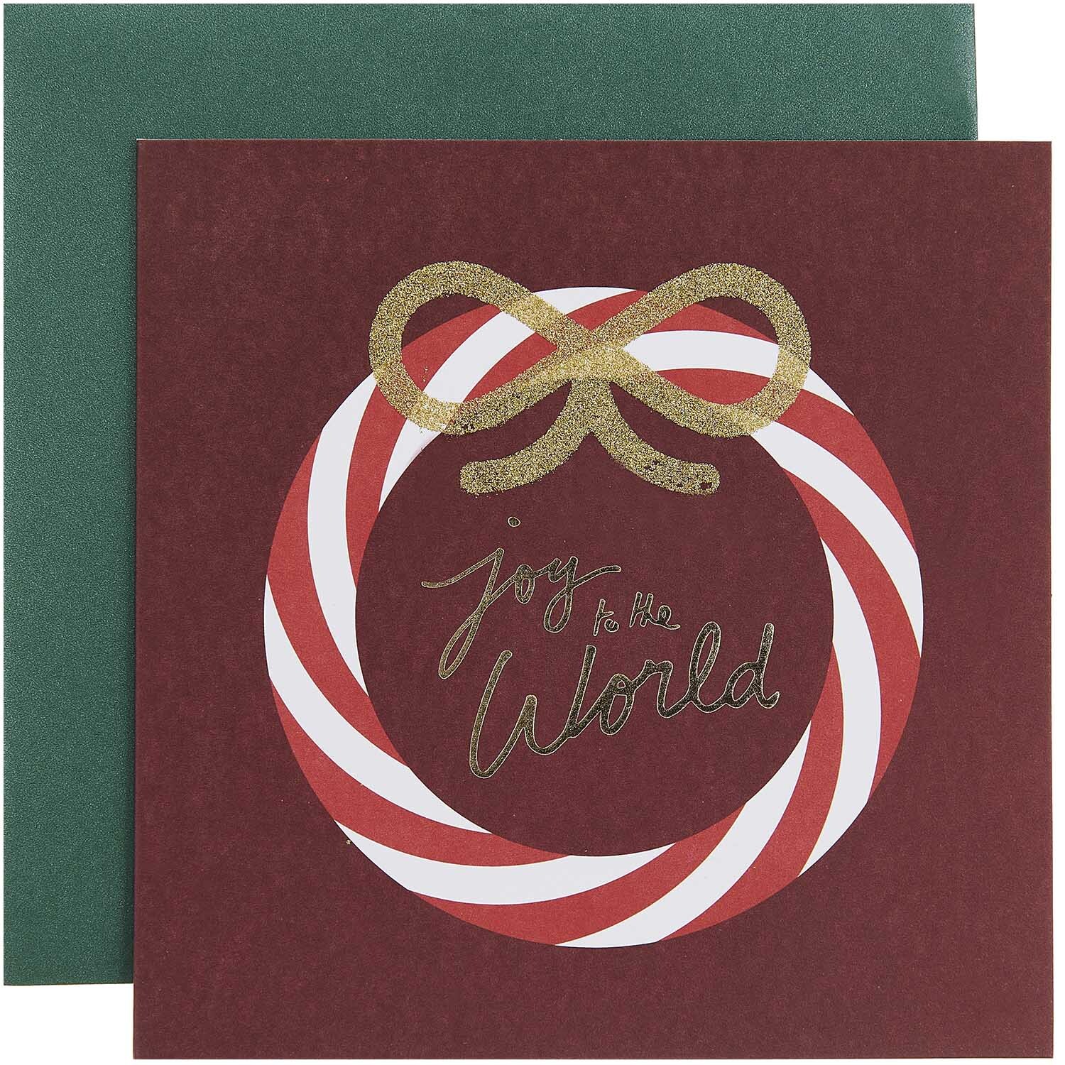 Paper Poetry Grußkarte Candy Cane 14x14cm mit rot-weißem Zuckerstangenkranz und goldener Schleife auf dunkelrotem Hintergrund.