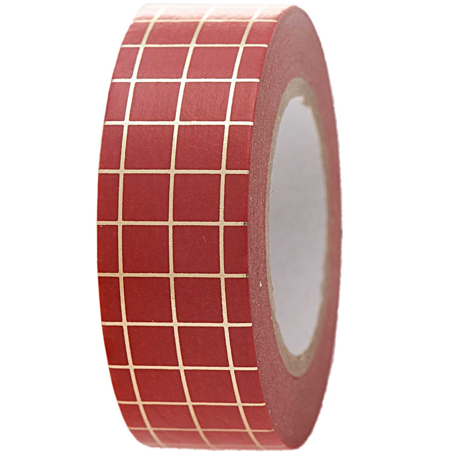 Paper Poetry Tape kariert rot-gold 1,5cm 10m von Rico Design mit kariertem Muster auf rotem Hintergrund. Ideal für kreative Projekte.