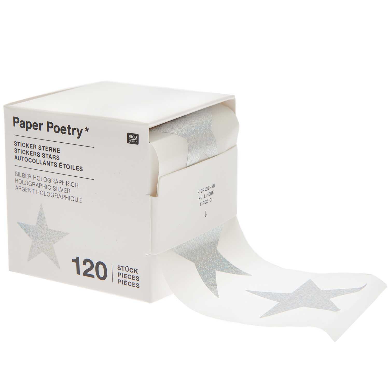 Paper Poetry Sticker Sterne 5cm 120 Stück auf der Rolle Hot Foil Farbe Silber-Holographisch von Rico Design Paper Poetry Sticker Sterne 5cm, 120 Stück auf Rolle. Silber-holographische Sterne von Rico Design in einer Box. Ideal für kreative Projekte.