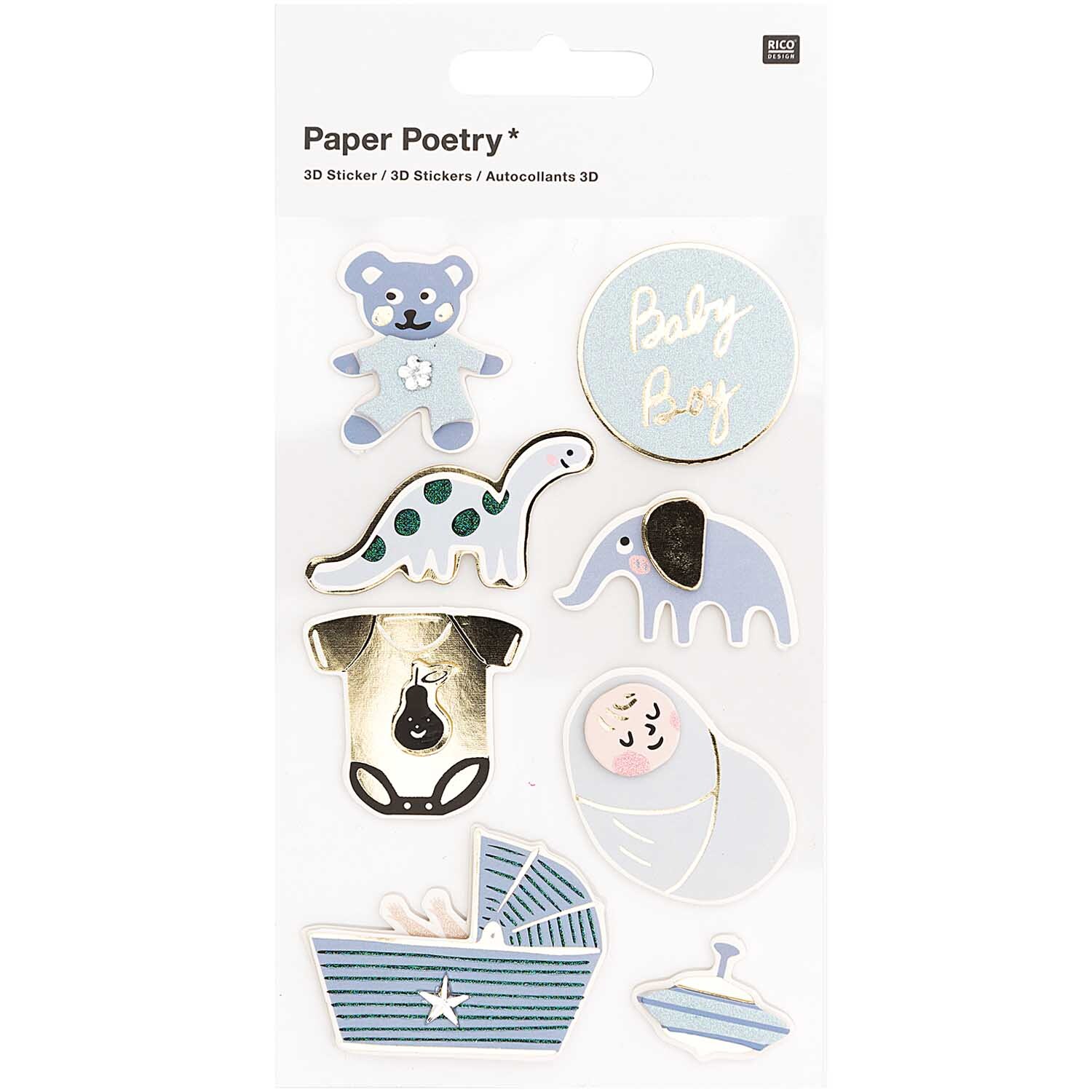 Paper Poetry 3D-Sticker Baby Junge 8 Stück mit blauen Motiven wie Teddybär, Dinosaurier und Elefant. Ideal für kreative Bastelprojekte.