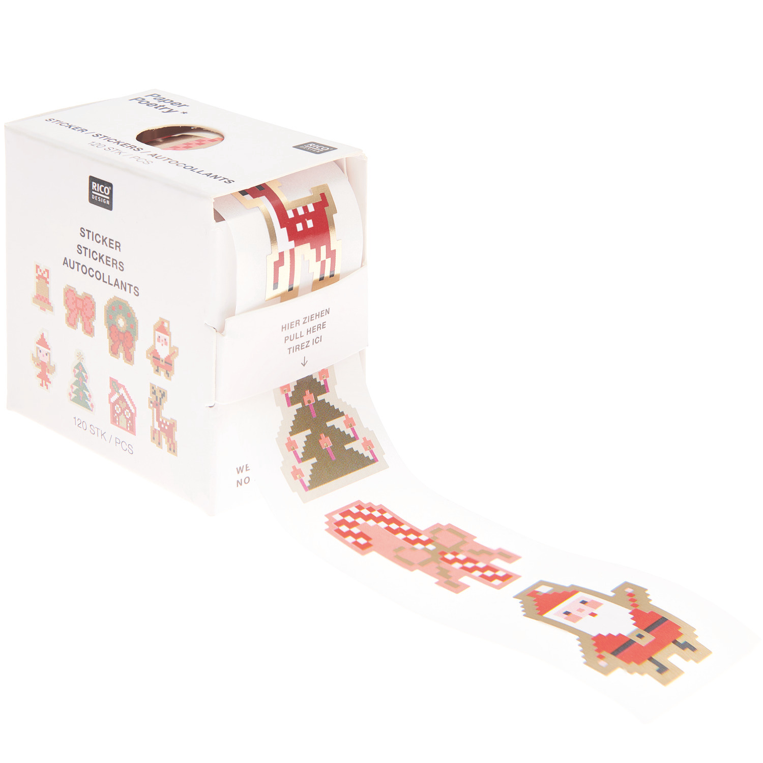 Paper Poetry Mini-Sticker Weihnachtsfiguren Pixel von Rico Design, 120 Stück, zeigen bunte, pixelige Weihnachtsmotive auf einer Rolle.