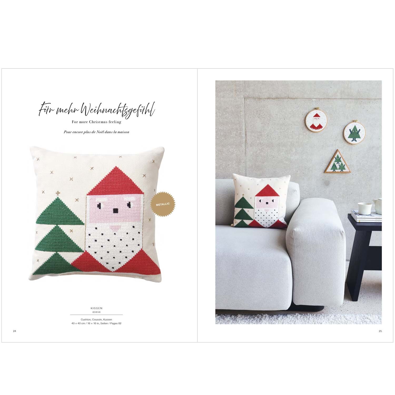 Livret de broderie Merry Christmas No. 176 from Rico Design Stickbuch Merry Christmas Nr. 176: Kissen mit Weihnachtsmotiv, Tannenbäumen und geometrischem Design auf einem Sofa.