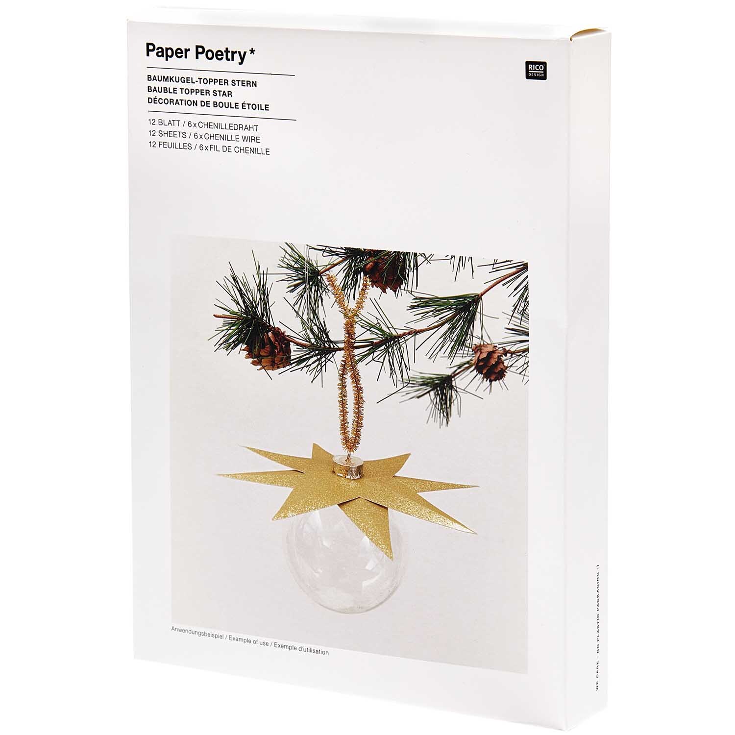 Paper Poetry Christbaumkugel-Topper Stern in Gold, 6 Stück. Dekorativer Baumschmuck in Sternform, ideal für festliche Anlässe.