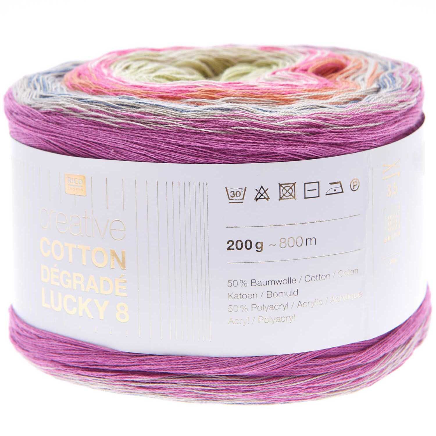 Creative Cotton Dégradé Lucky 8 200g 800m Couleur Ethno from Rico Design Creative Cotton Dégradé Lucky 8 von Rico Design: Bunte Garnrolle in Rosa- und Grüntönen, 200g, 800m, ideal für Ethno-Projekte.