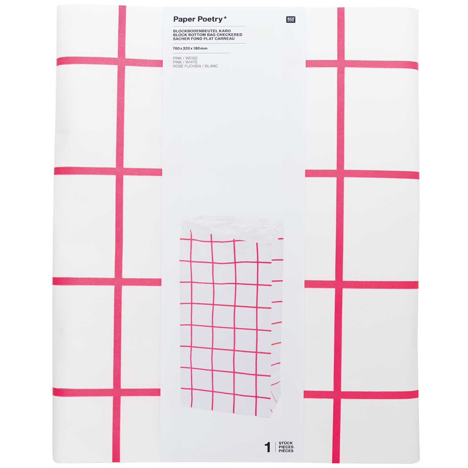 Paper Poetry Maxi-Blockbodenbeutel XL Karo 76x32x18cm 1 Stück Farbe Pink-Weiß von Rico Design Paper Poetry Maxi-Blockbodenbeutel XL mit Karo-Muster in Pink-Weiß, 76x32x18cm, 1 Stück.
