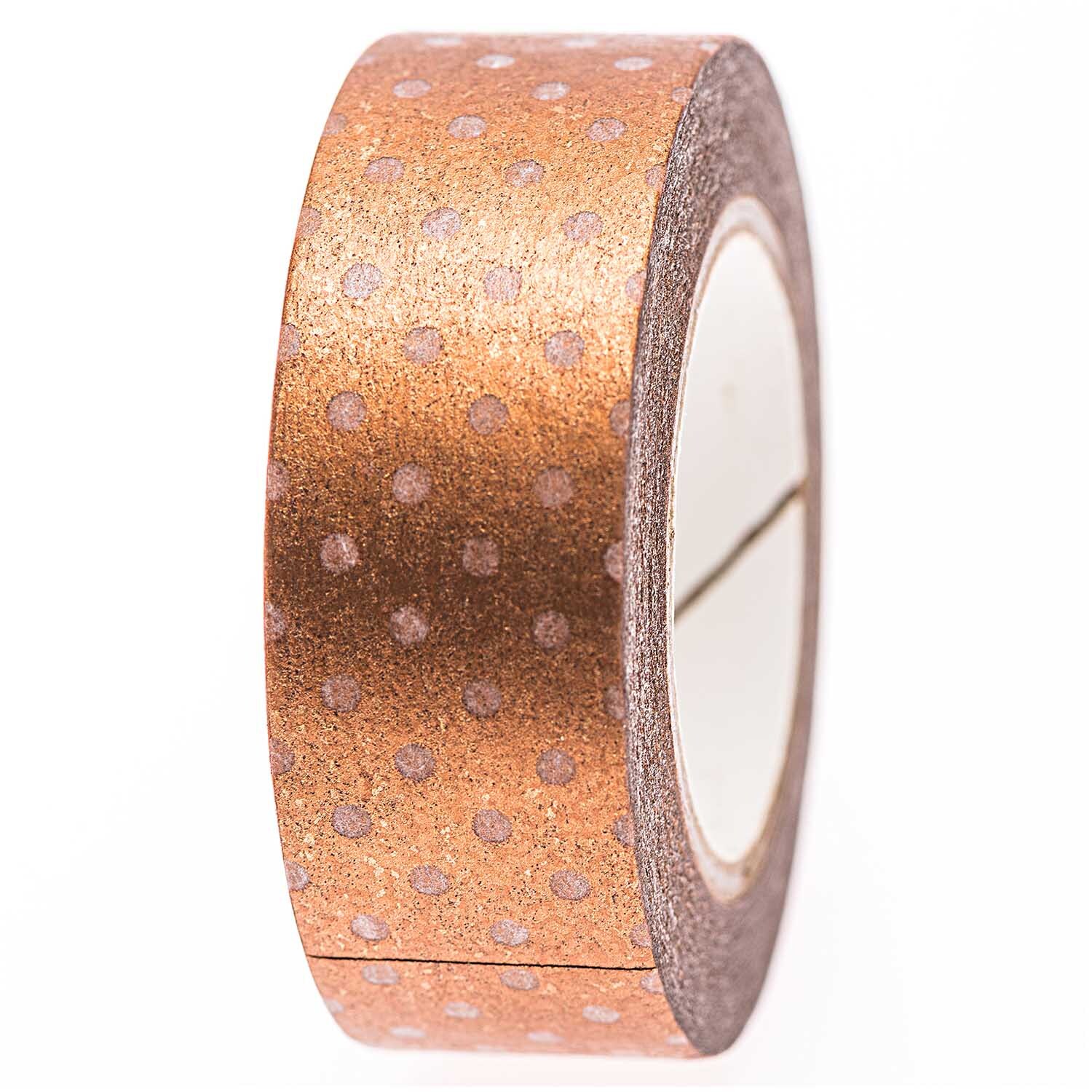 Tape weiß-kupfer Punkte 15mm 10m von Rico Design mit kupferfarbenen Punkten auf weißem Hintergrund. Ideal für kreative Projekte.