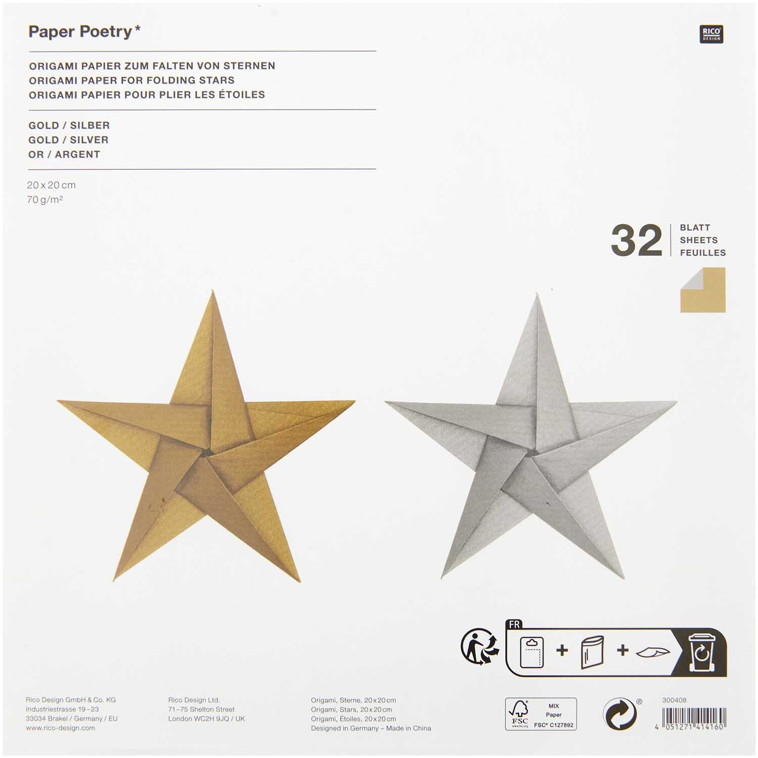 Paper Poetry Bascetta Origamipapier in Gold und Silber, 32 Blatt, ideal zum Falten von Sternen.