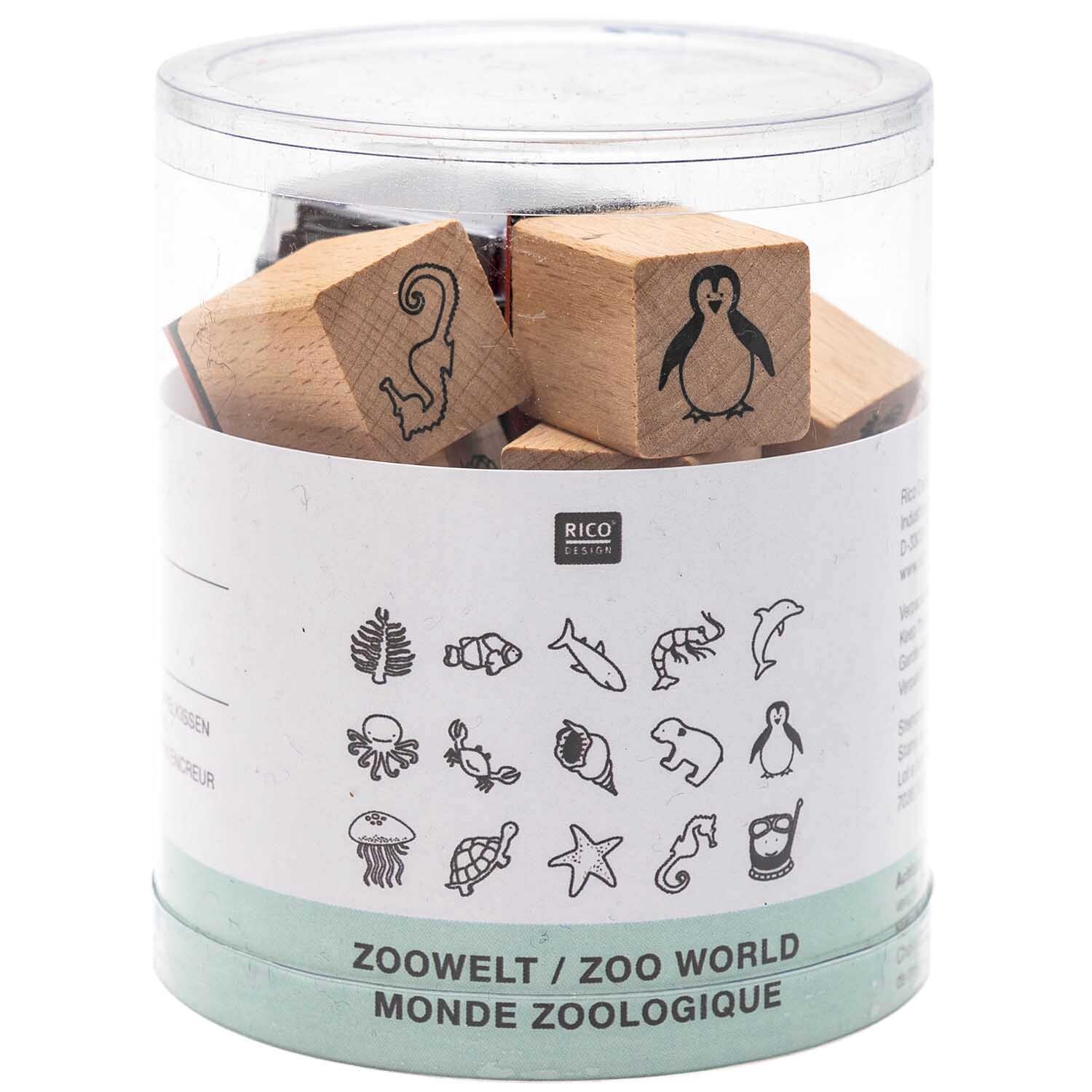 Stempelset Zoowelt 2x2cm, 16-teilig, mit Tiermotiven in einer transparenten Verpackung von Rico Design.